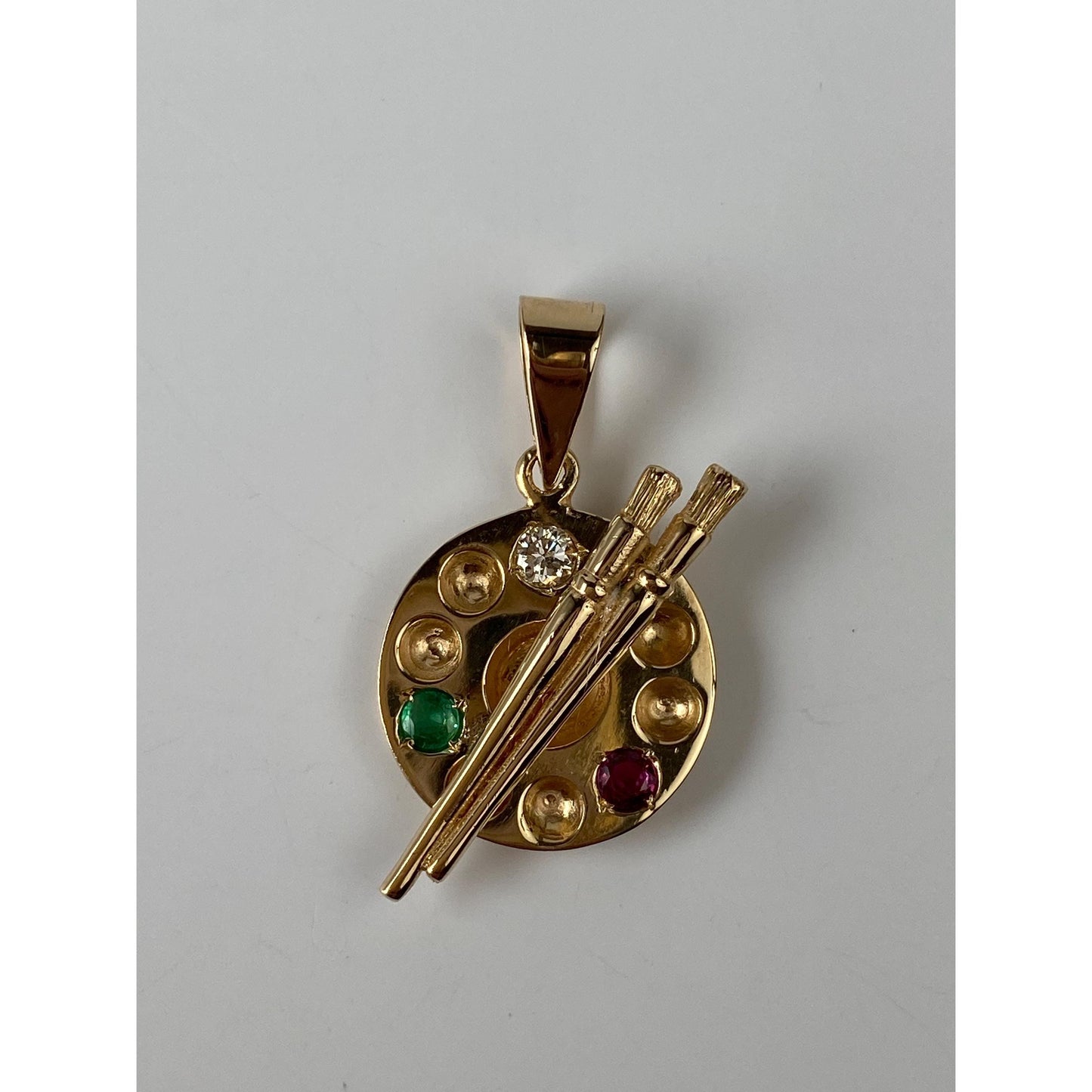 Vintage Solid 14k Yellow Gold Diamond Ruby Emerald Artist Palette Charm
