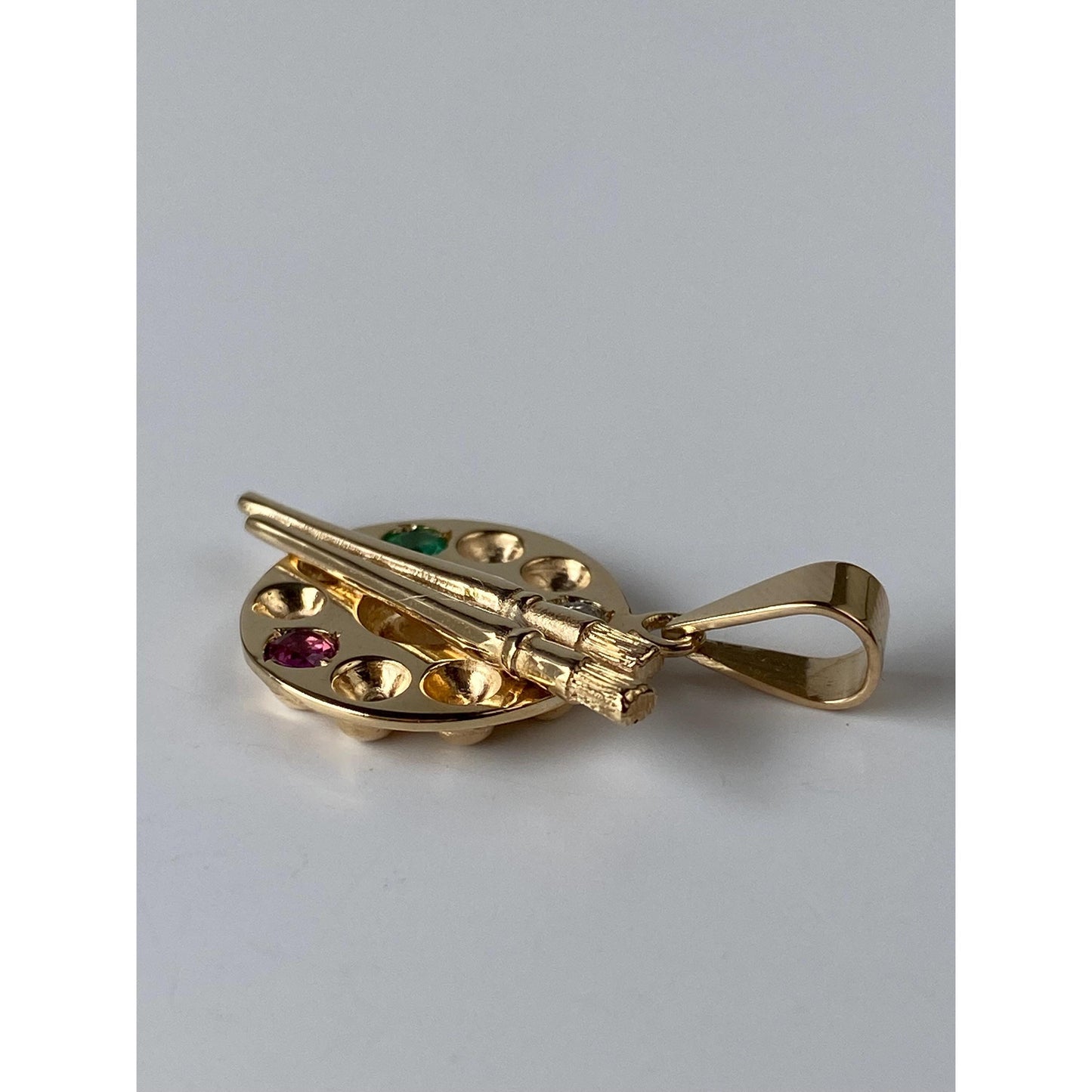Vintage Solid 14k Yellow Gold Diamond Ruby Emerald Artist Palette Charm