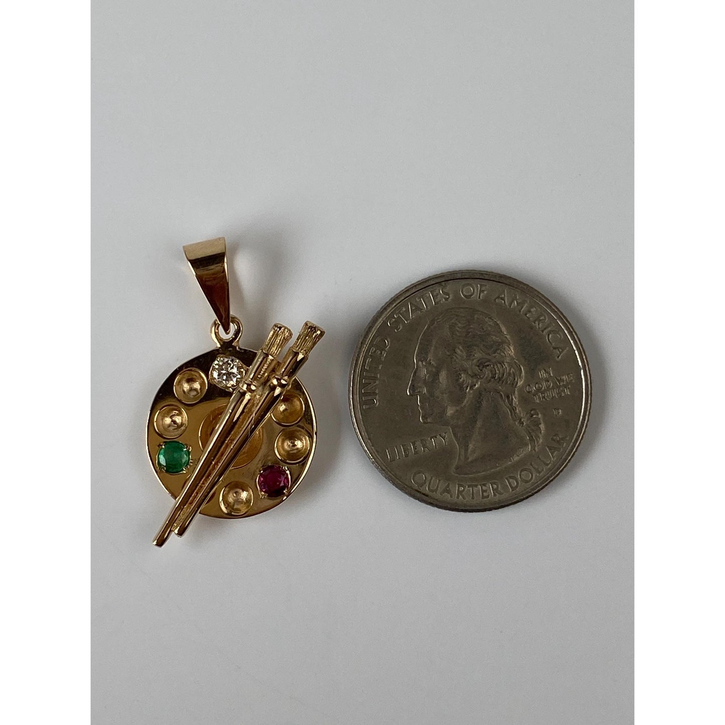 Vintage Solid 14k Yellow Gold Diamond Ruby Emerald Artist Palette Charm