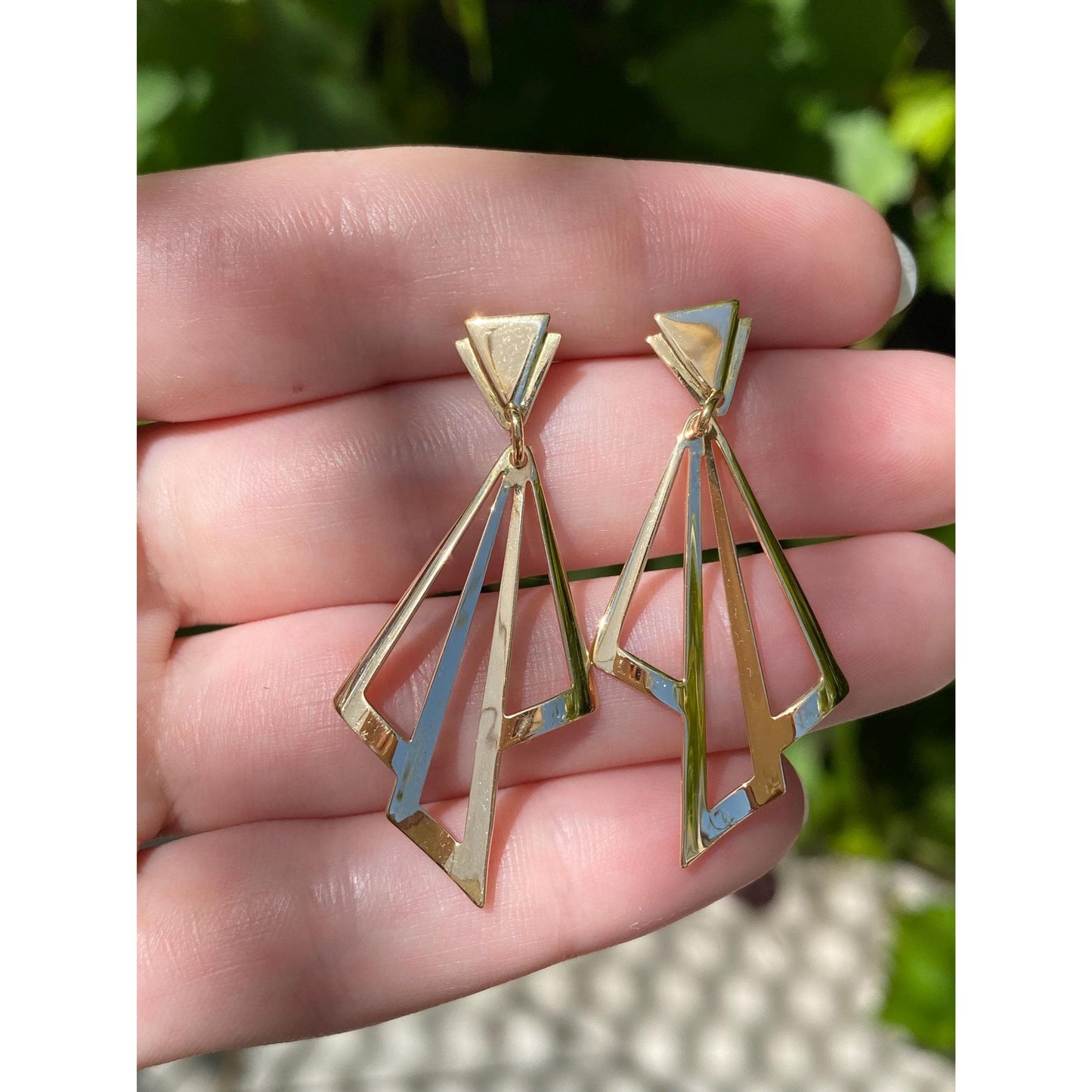 Vintage Solid 18k Yellow Gold Triangle Dangle Stud Earrings