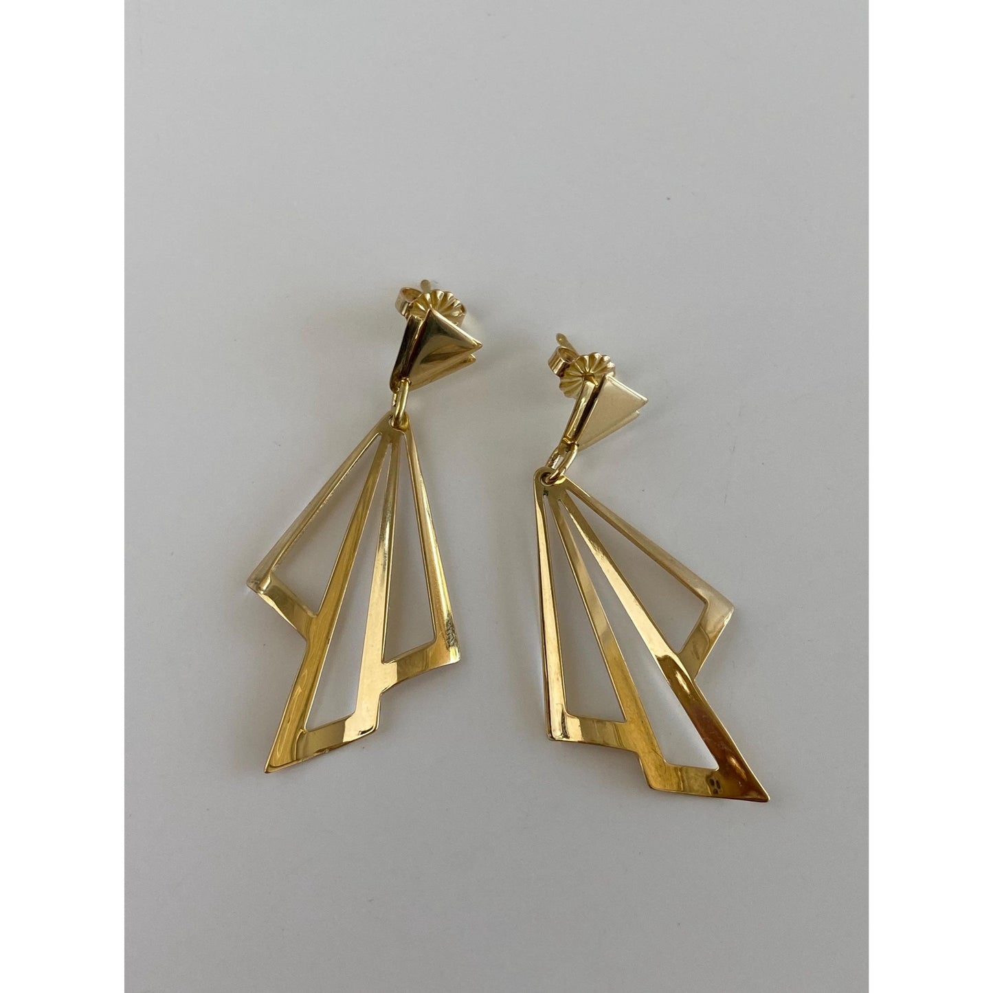 Vintage Solid 18k Yellow Gold Triangle Dangle Stud Earrings
