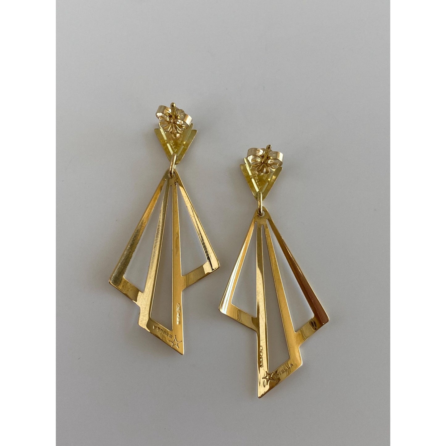 Vintage Solid 18k Yellow Gold Triangle Dangle Stud Earrings
