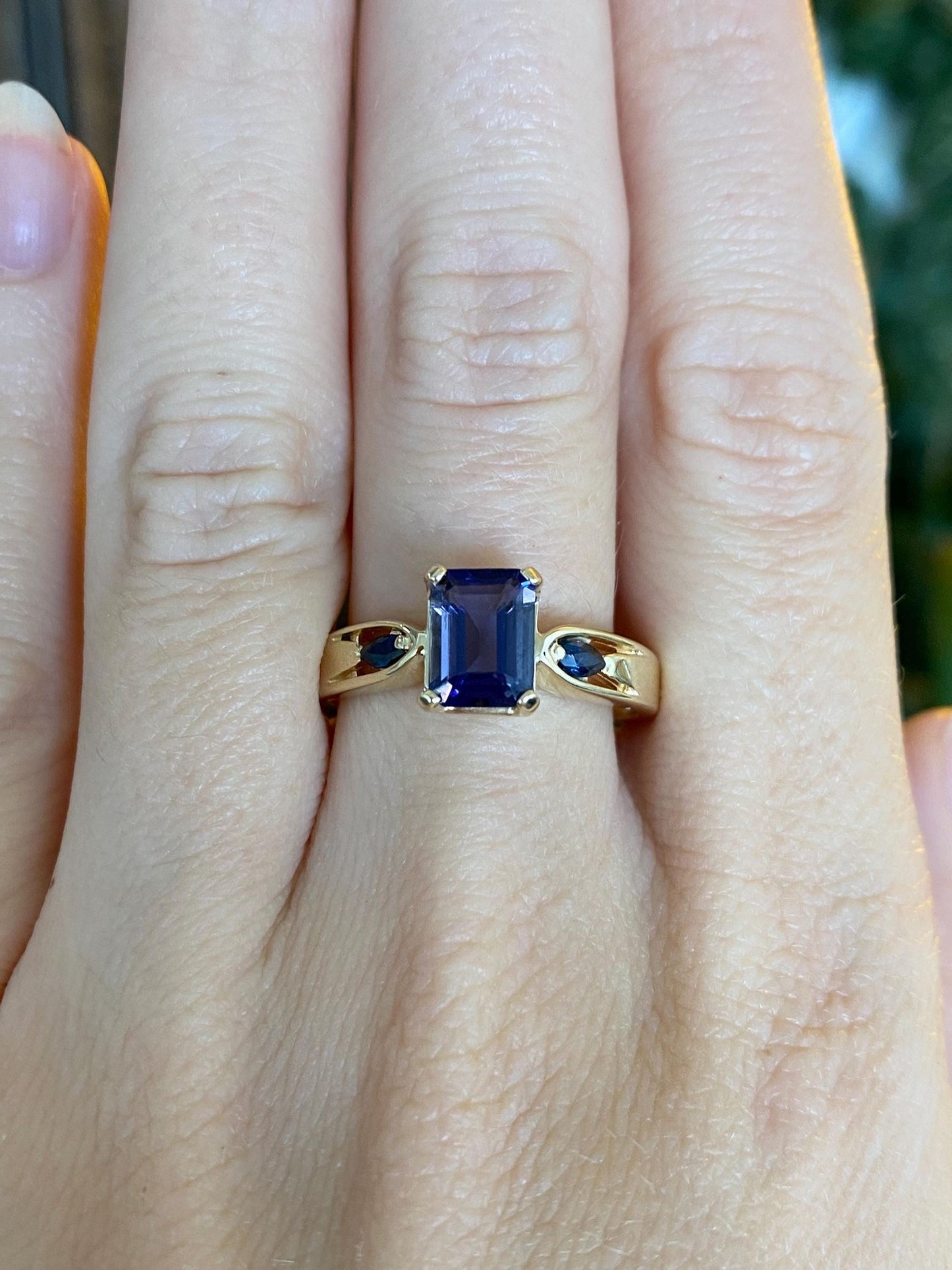 Solid 14k Yellow Gold Tanzanite Blue Sapphire Ring - Size 9.5