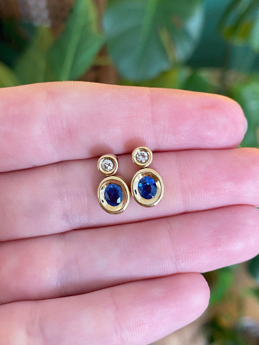 Vintage Solid 18k Yellow Gold Diamond Sapphire Stud Earrings