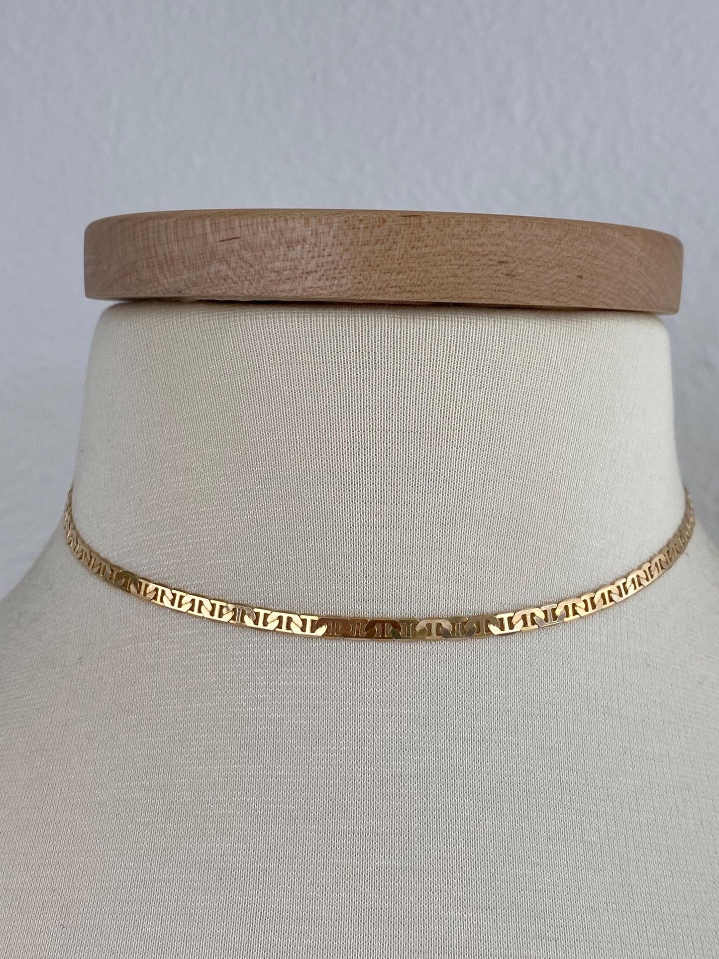 Vintage Solid 14k Yellow Gold Flat Mariner Chain Necklace - 14.5 inches