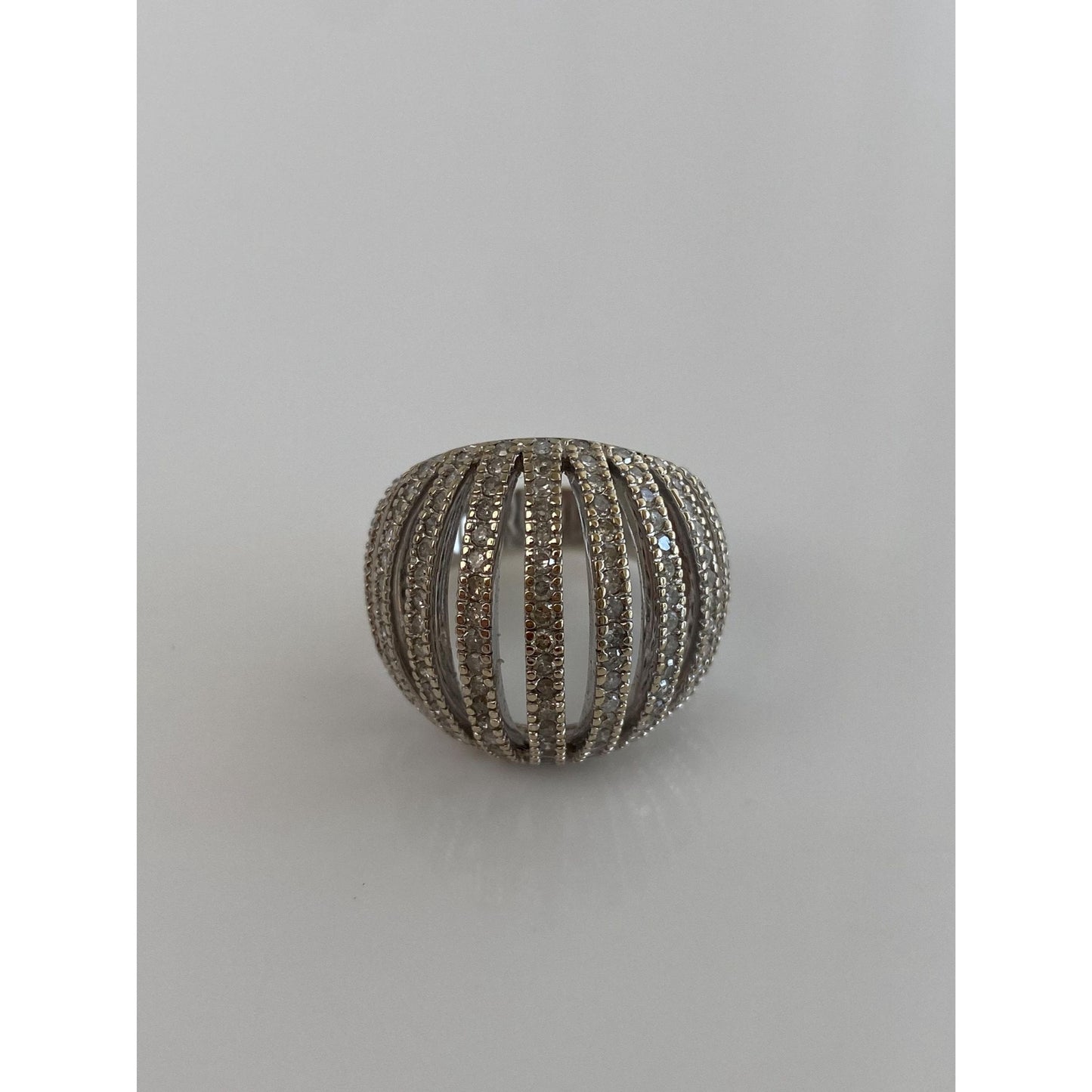 Vintage Solid 18k White Gold Diamond Domed Ring - Size 7