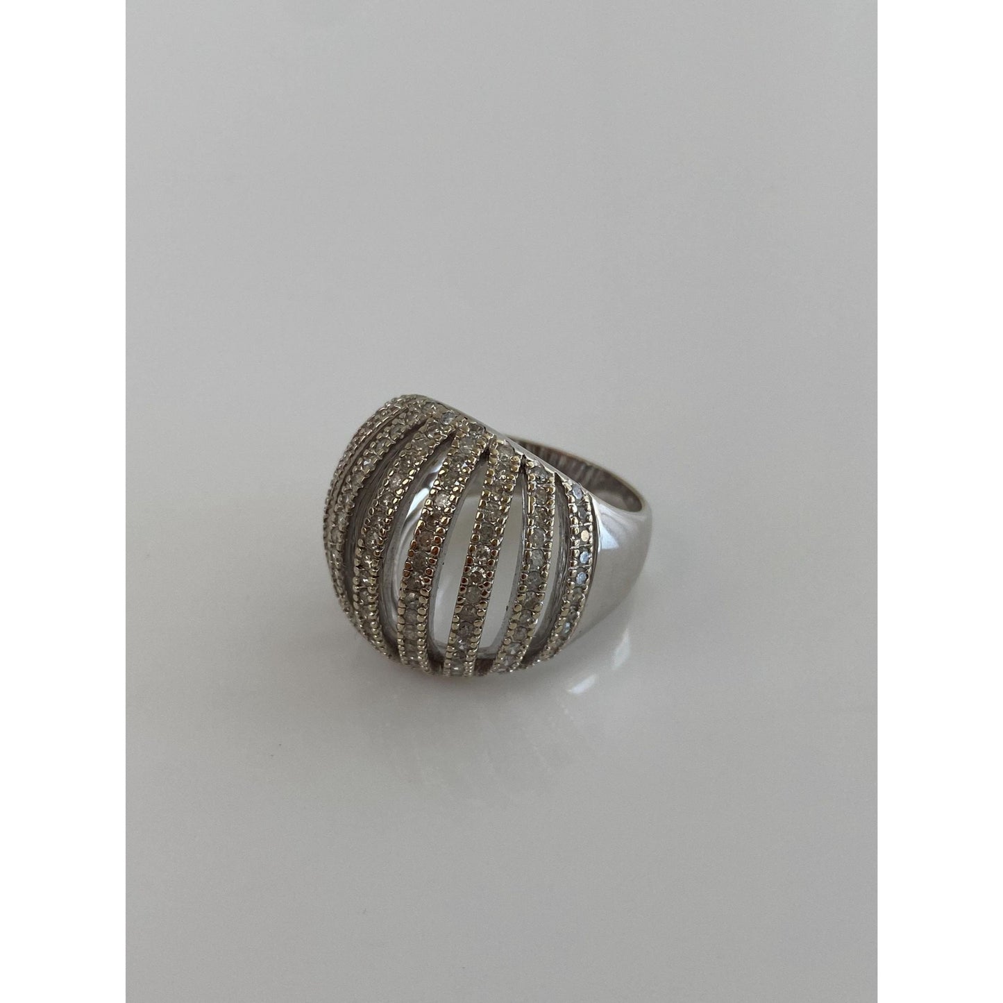 Vintage Solid 18k White Gold Diamond Domed Ring - Size 7