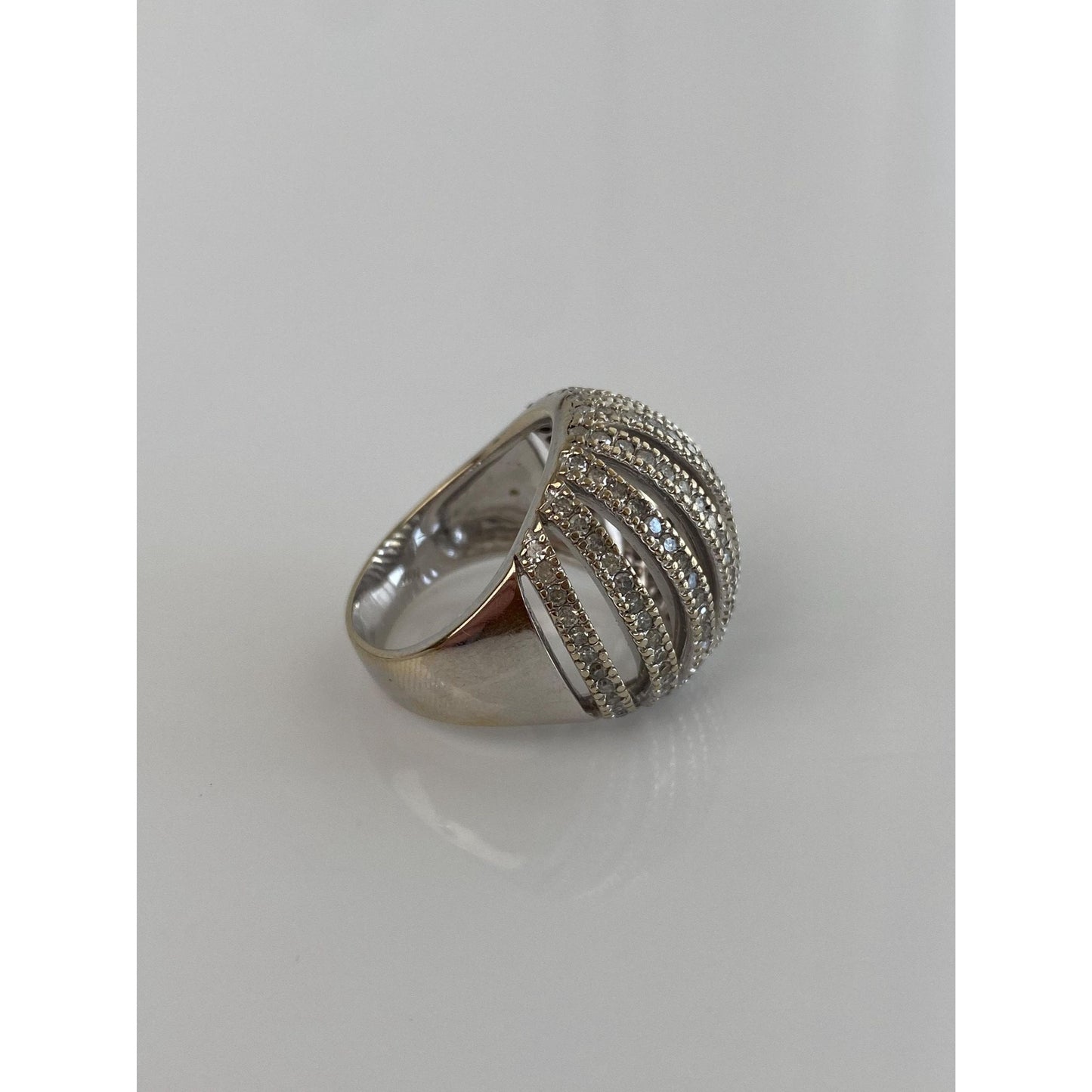 Vintage Solid 18k White Gold Diamond Domed Ring - Size 7