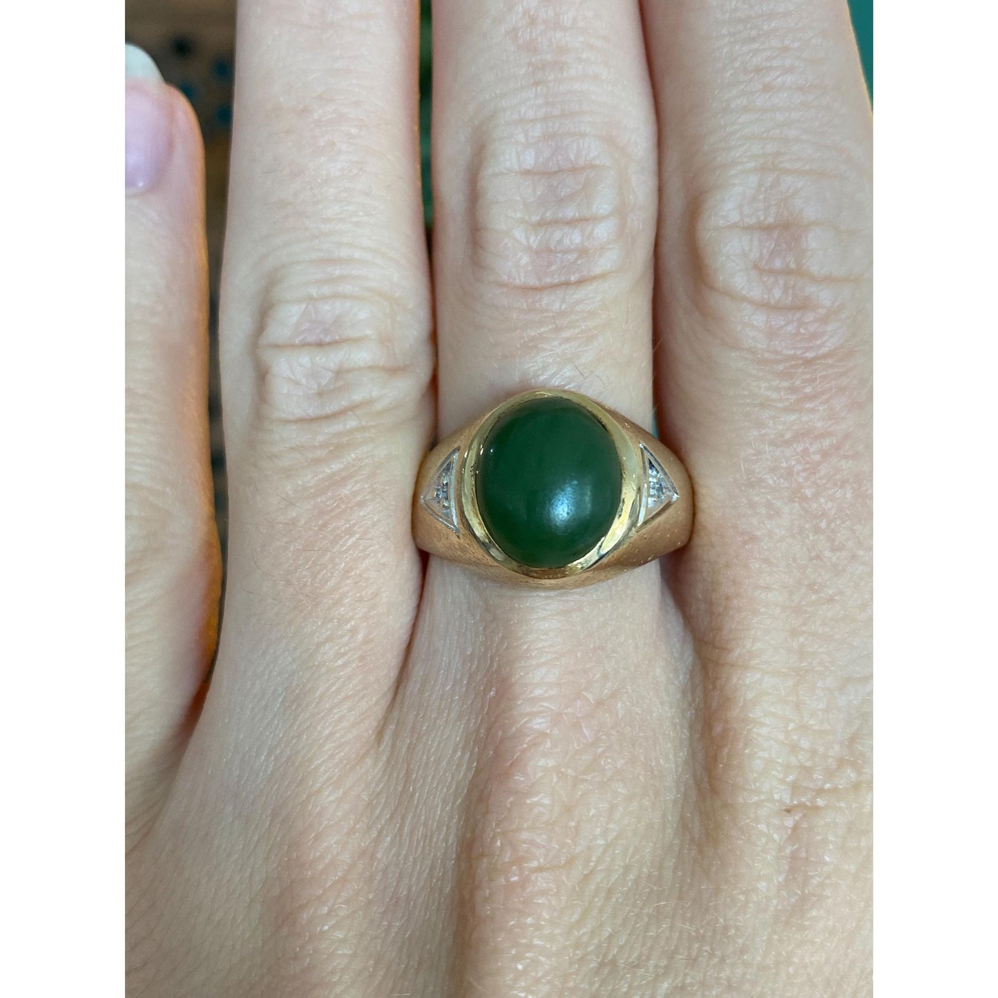 Solid 10k White & Yellow Gold Diamond Nephrite Signet Ring - Size 9.5
