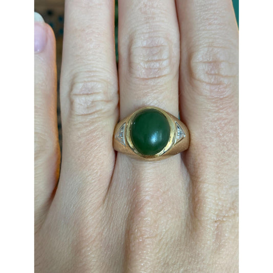 Solid 10k White & Yellow Gold Diamond Nephrite Signet Ring - Size 9.5