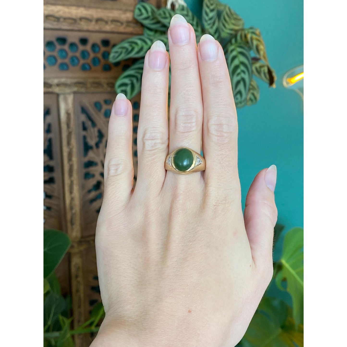 Solid 10k White & Yellow Gold Diamond Nephrite Signet Ring - Size 9.5