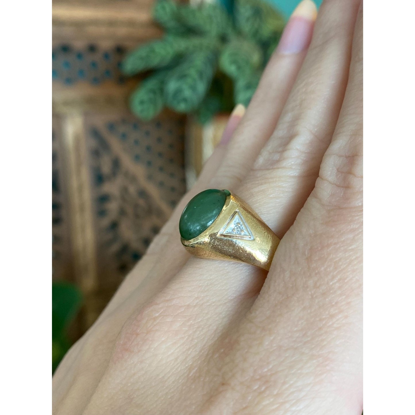 Solid 10k White & Yellow Gold Diamond Nephrite Signet Ring - Size 9.5