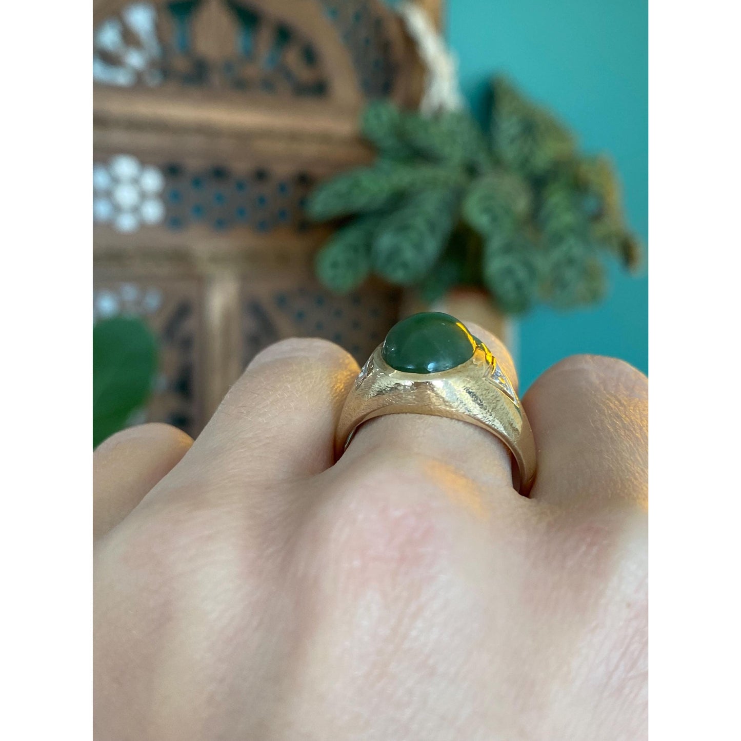 Solid 10k White & Yellow Gold Diamond Nephrite Signet Ring - Size 9.5