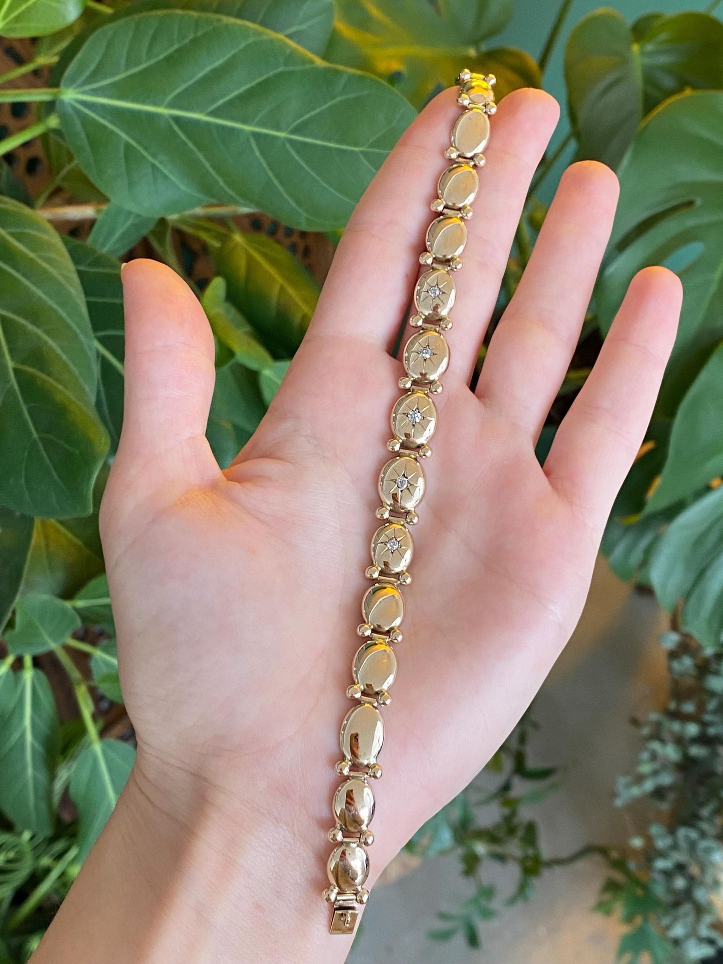 Vintage Solid 10k Yellow Gold Star Set Diamond Link Bracelet - 7.5 inches