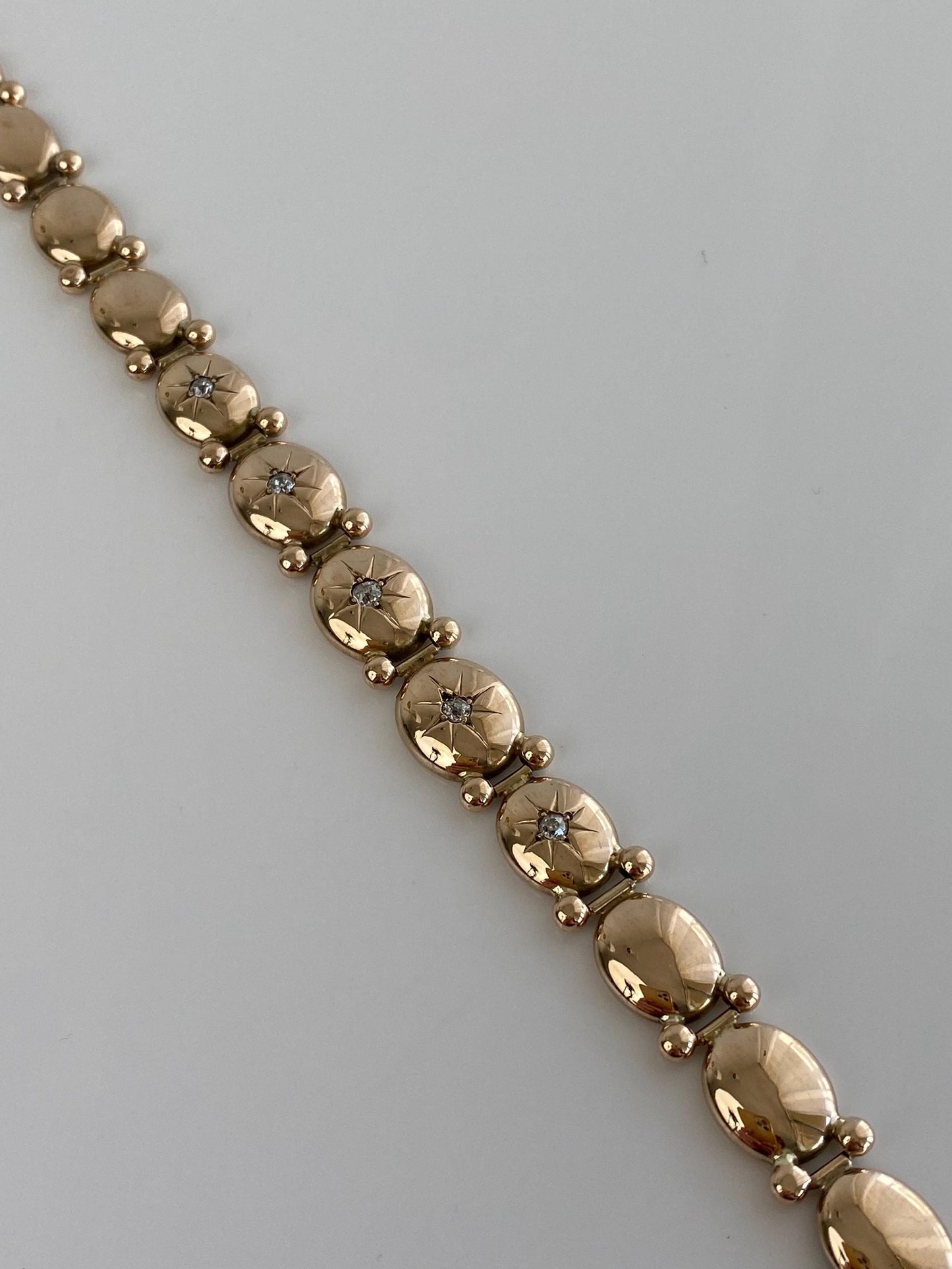 Vintage Solid 10k Yellow Gold Star Set Diamond Link Bracelet - 7.5 inches