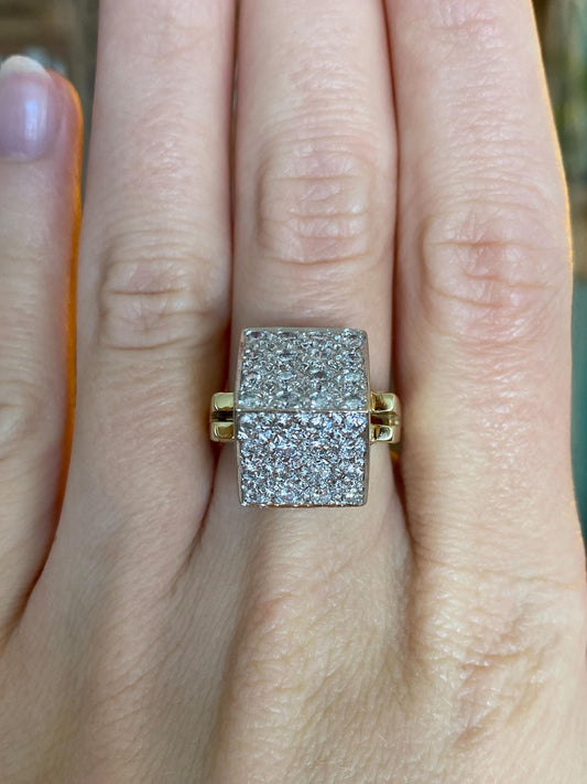 Vintage Solid 14k White & Yellow Gold Diamonds Cube Ring - Size 6.5