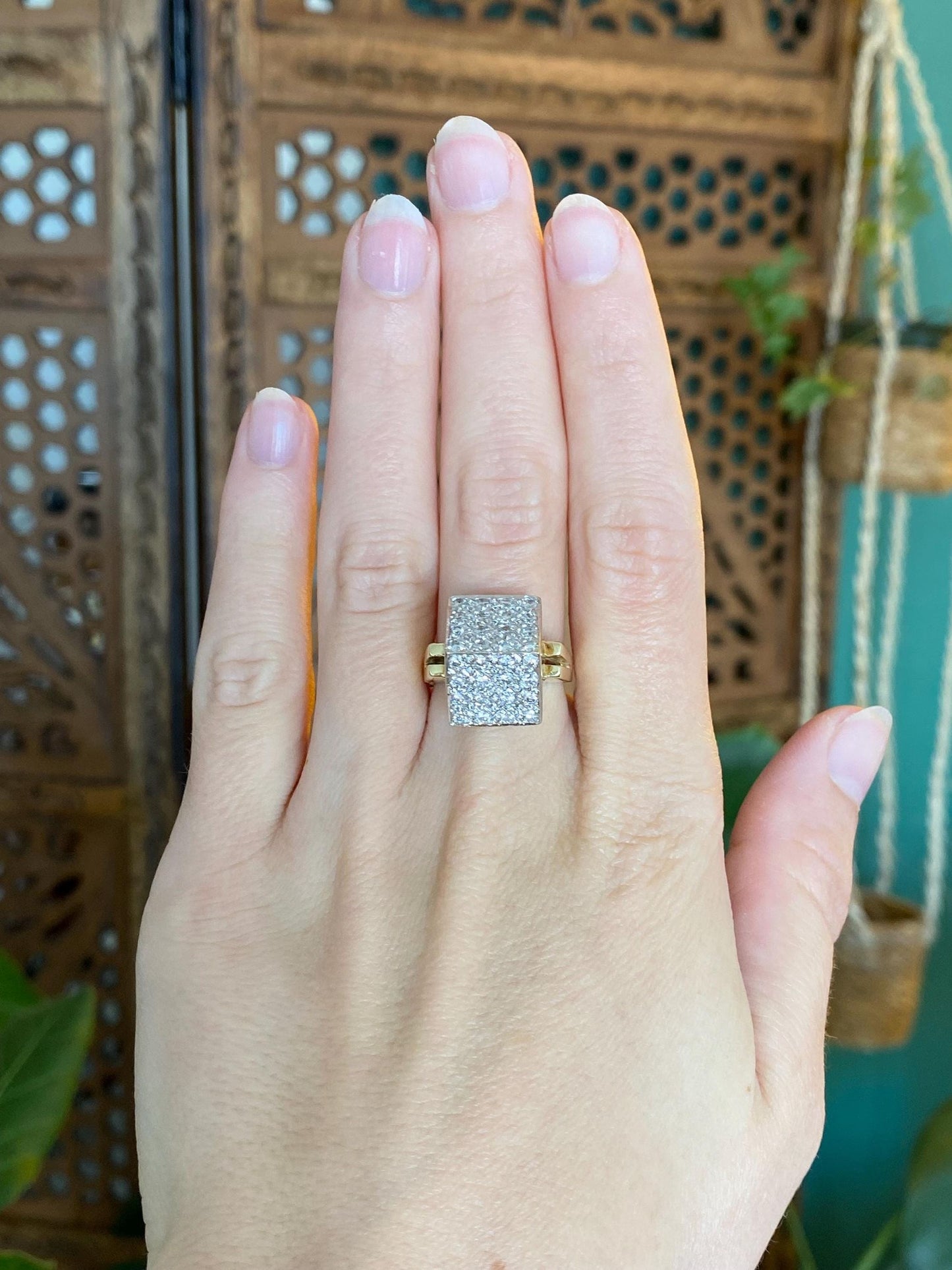 Vintage Solid 14k White & Yellow Gold Diamonds Cube Ring - Size 6.5
