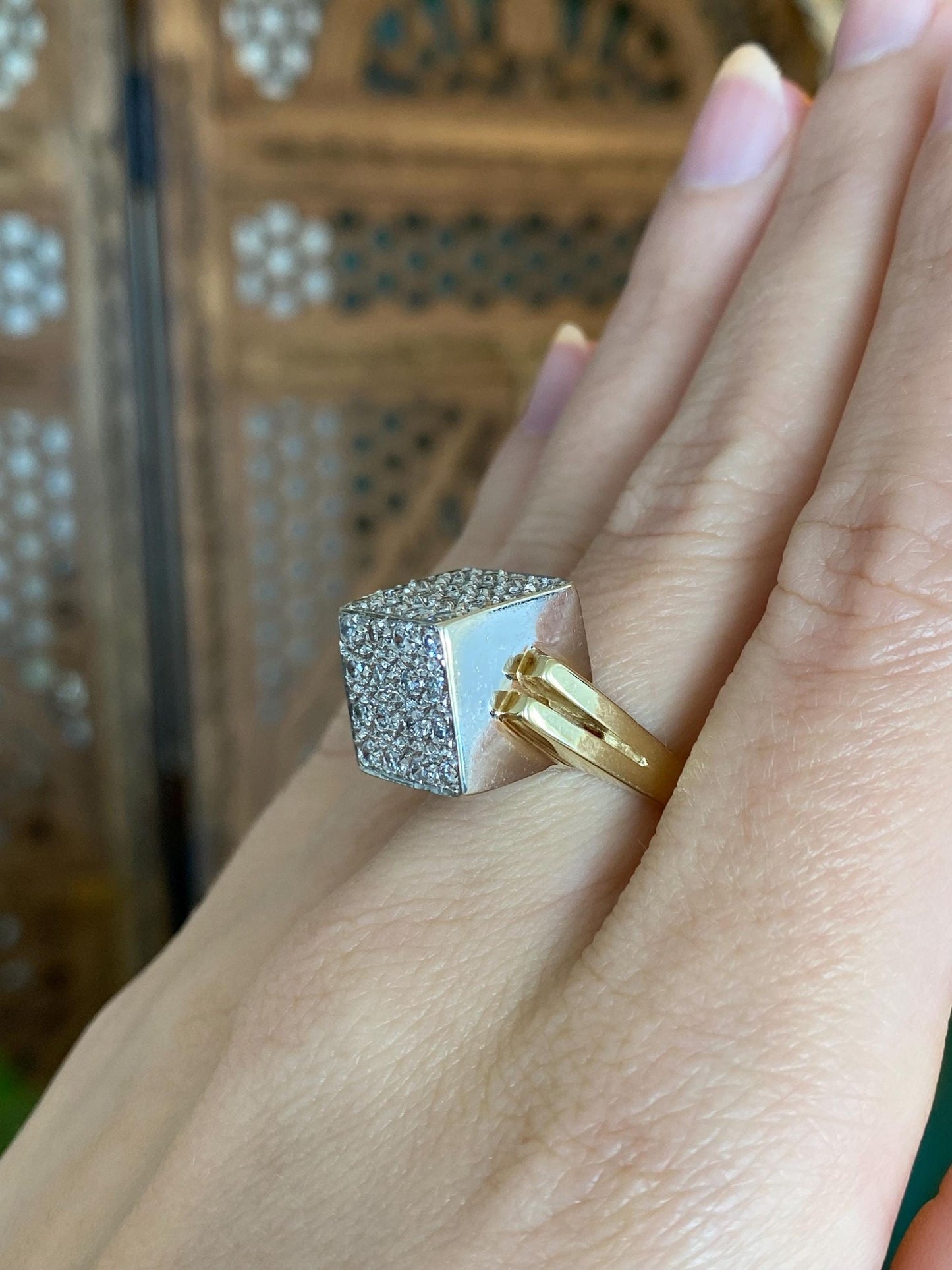 Vintage Solid 14k White & Yellow Gold Diamonds Cube Ring - Size 6.5