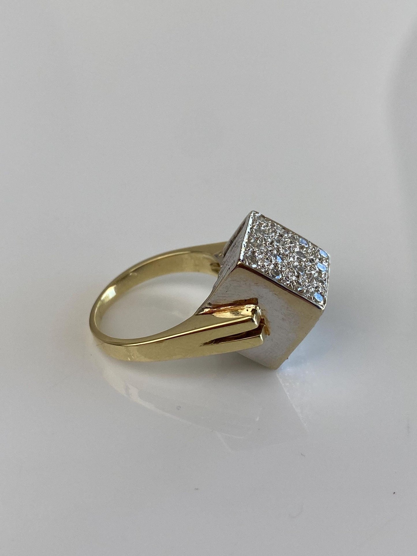 Vintage Solid 14k White & Yellow Gold Diamonds Cube Ring - Size 6.5