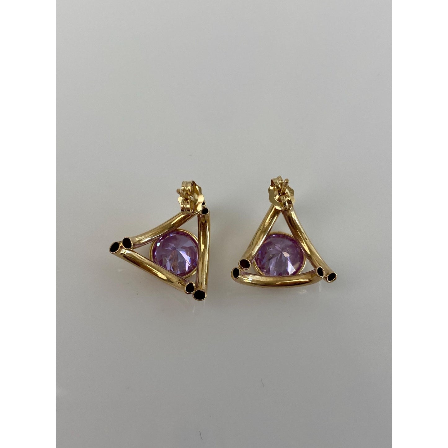 Vintage 14k Yellow Gold Purple Cubic Zirconia Triangle Stud Earrings