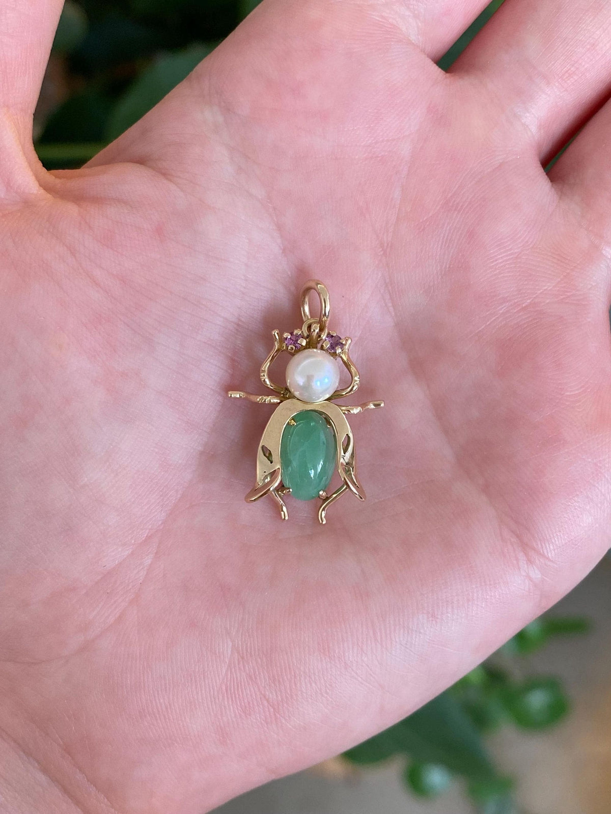 Vintage Solid 14k Yellow Gold Pearl Jade Pink Sapphire Bug Charm