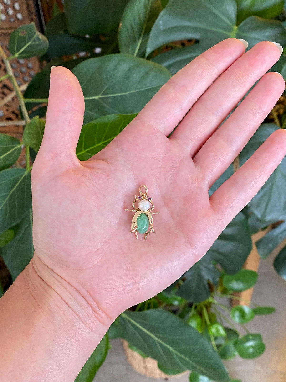Vintage Solid 14k Yellow Gold Pearl Jade Pink Sapphire Bug Charm