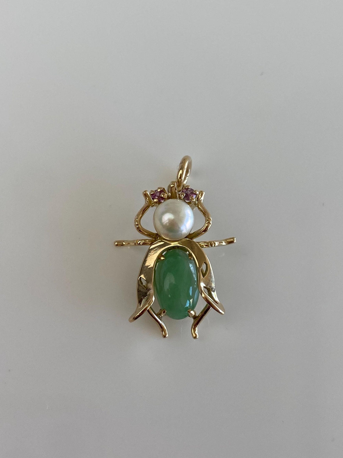 Vintage Solid 14k Yellow Gold Pearl Jade Pink Sapphire Bug Charm