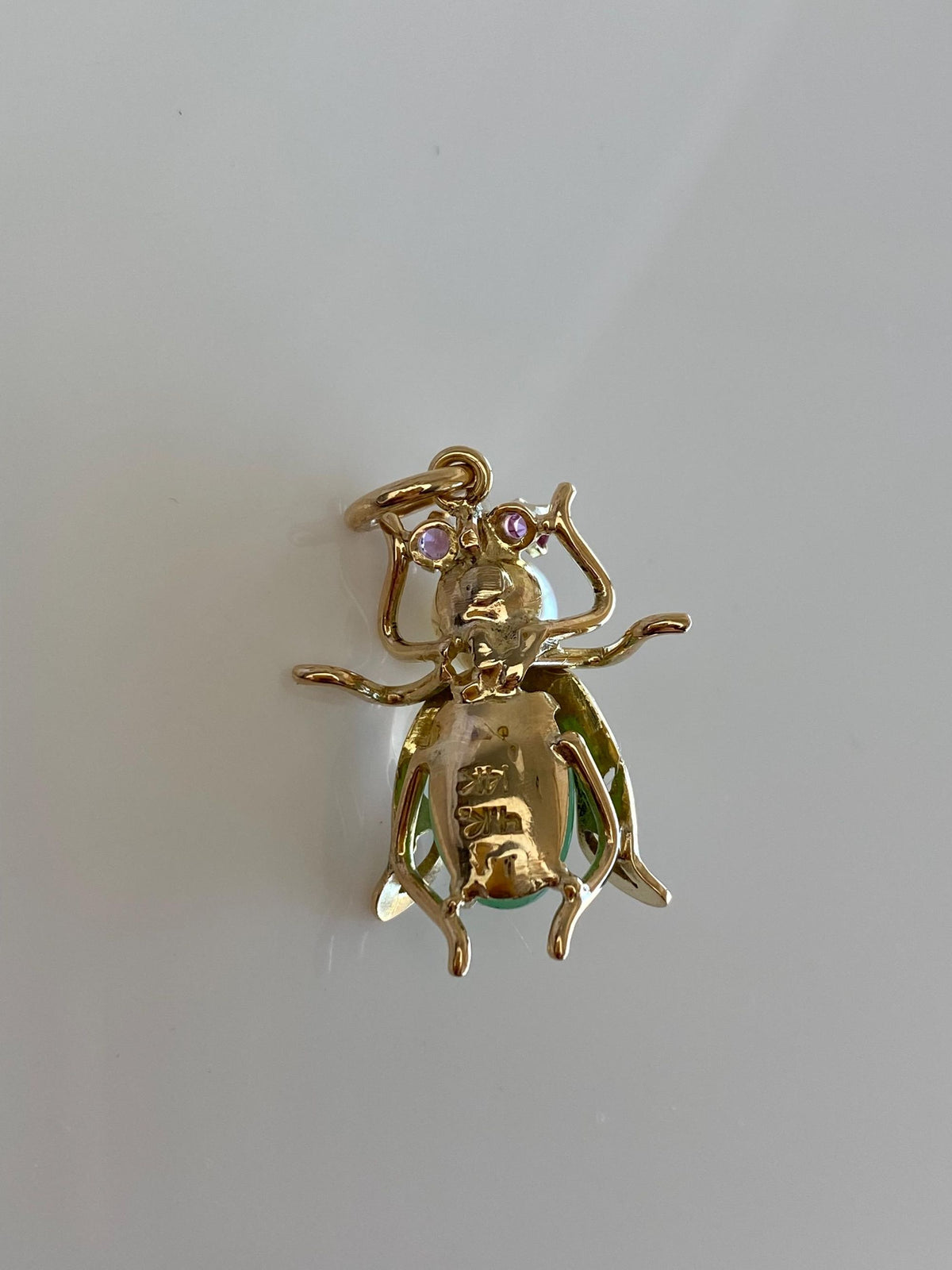 Vintage Solid 14k Yellow Gold Pearl Jade Pink Sapphire Bug Charm