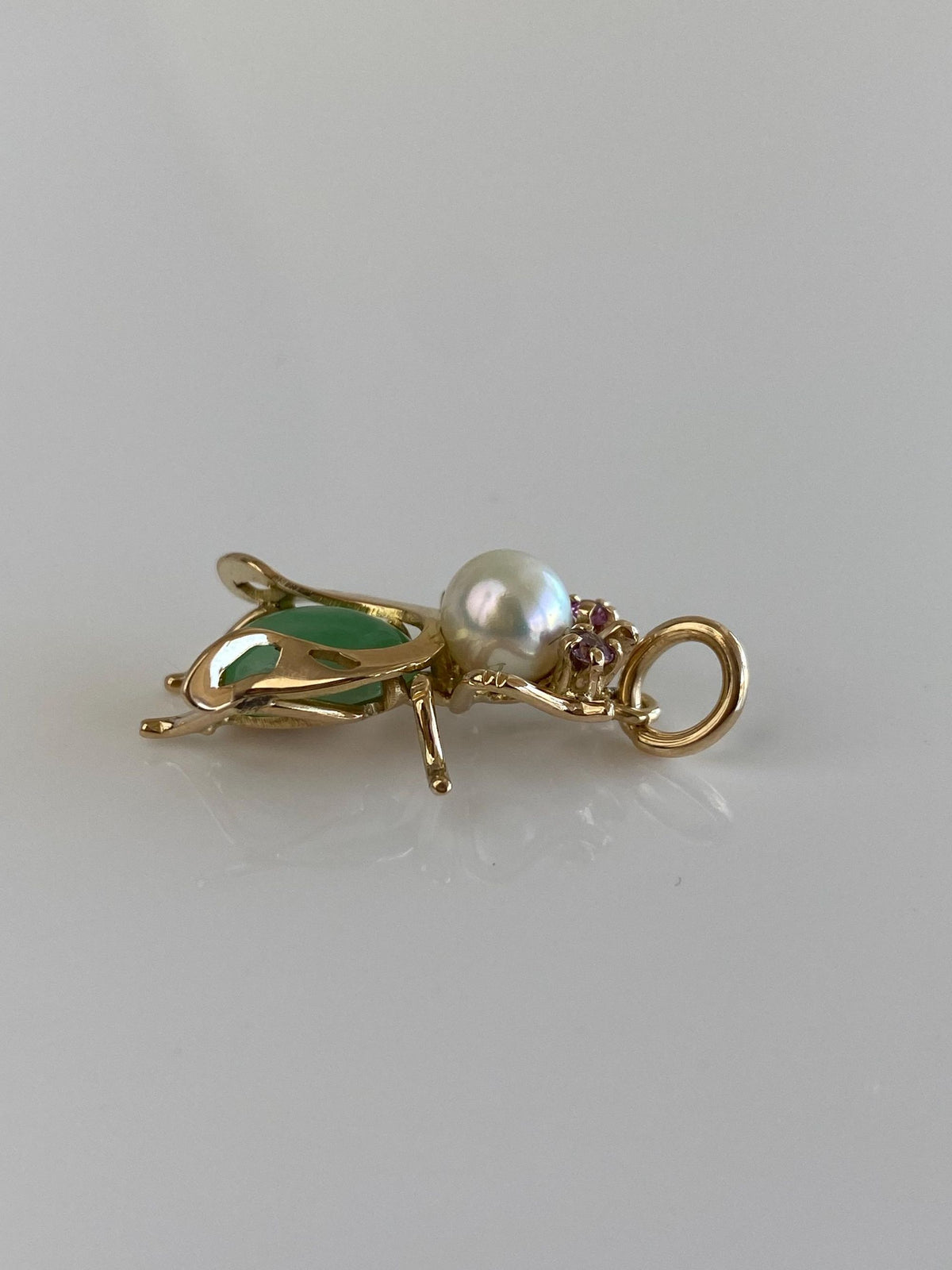 Vintage Solid 14k Yellow Gold Pearl Jade Pink Sapphire Bug Charm