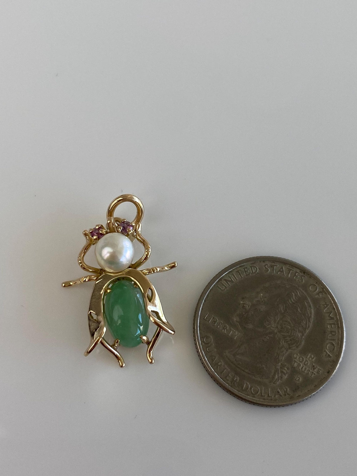 Vintage Solid 14k Yellow Gold Pearl Jade Pink Sapphire Bug Charm