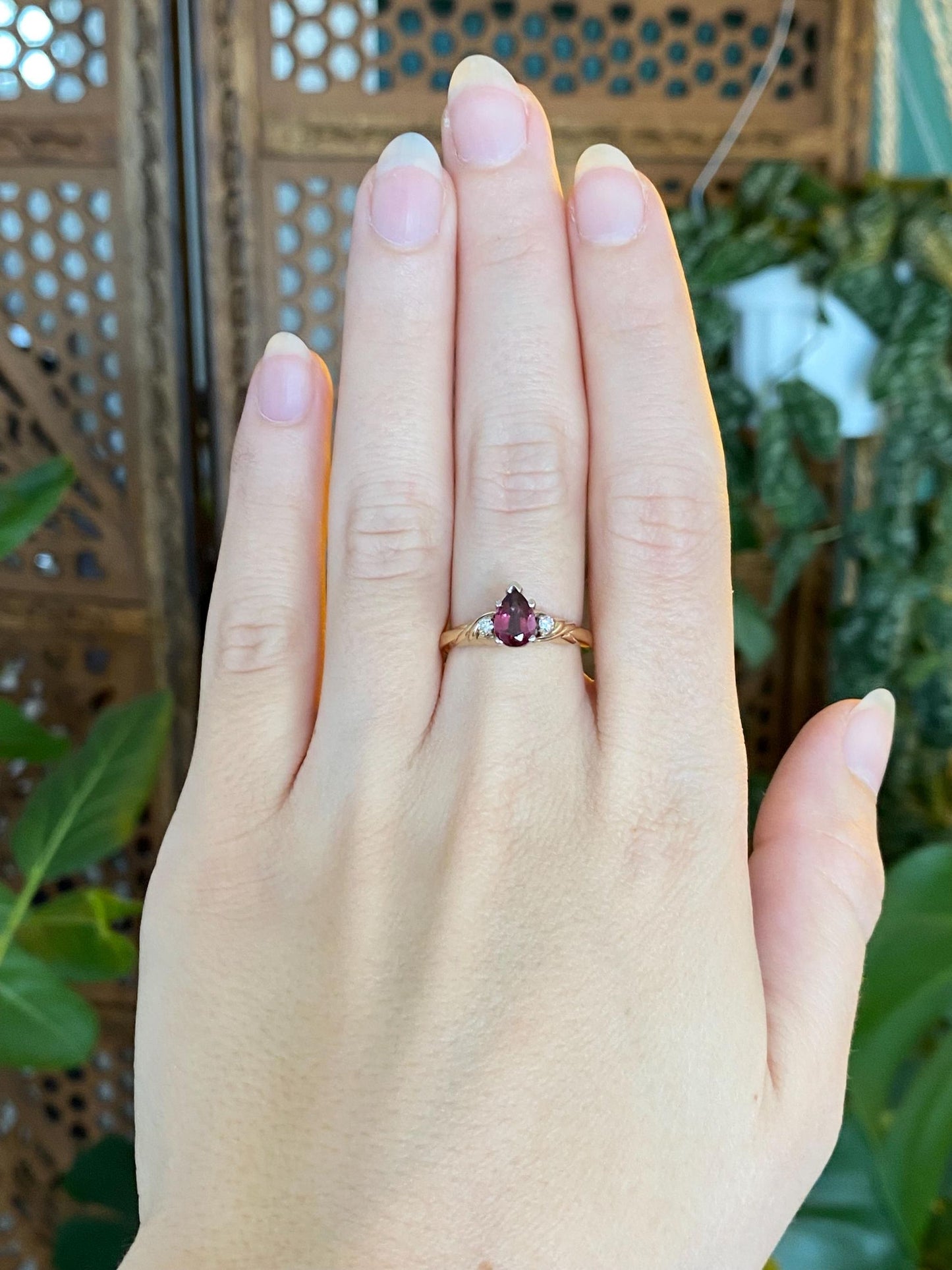 Vintage Solid 14k White & Yellow Gold Pink Tourmaline Diamond Ring - Size 6.25