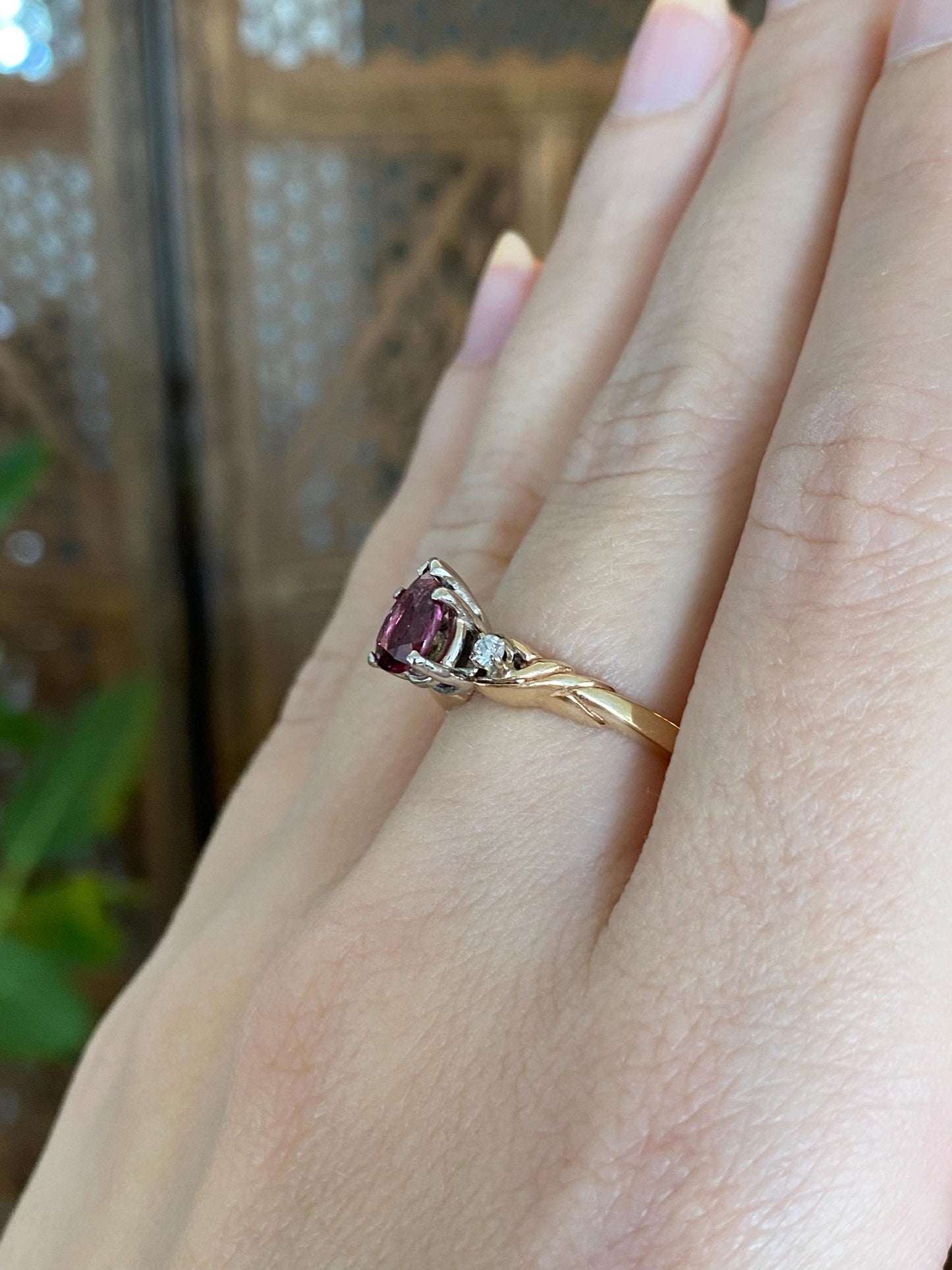 Vintage Solid 14k White & Yellow Gold Pink Tourmaline Diamond Ring - Size 6.25