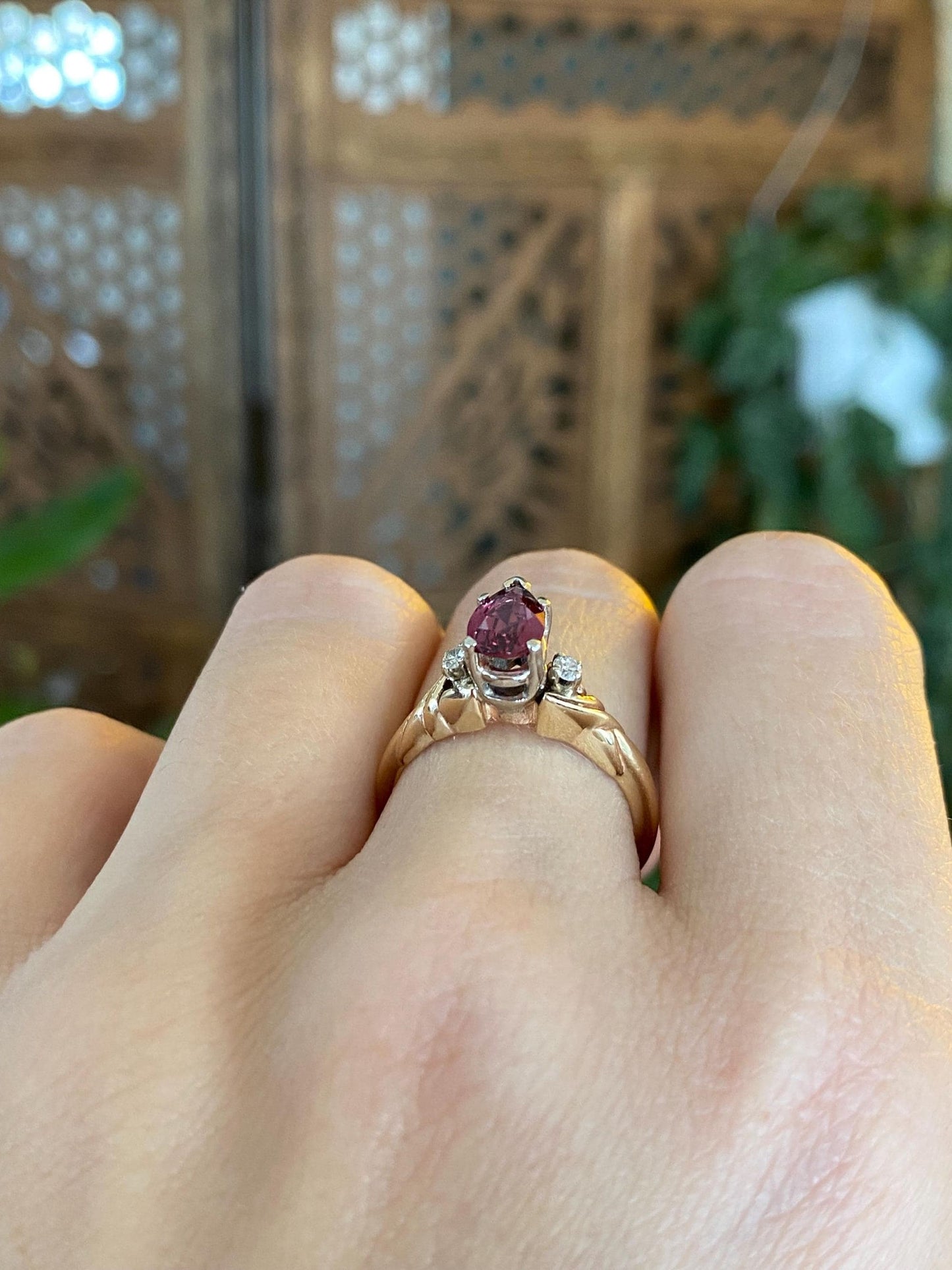 Vintage Solid 14k White & Yellow Gold Pink Tourmaline Diamond Ring - Size 6.25