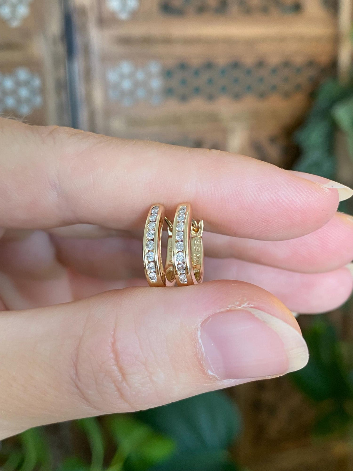 Vintage Solid 14k Yellow Gold Diamond Oval Hoop Earrings