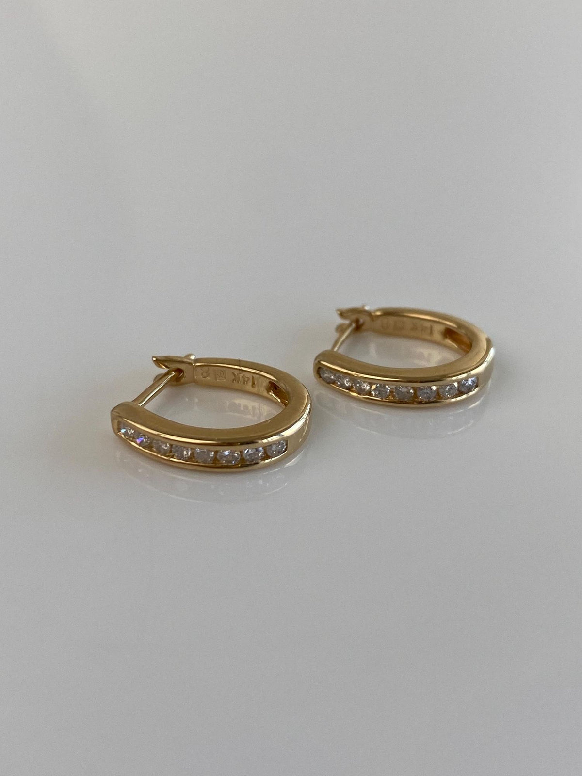 Vintage Solid 14k Yellow Gold Diamond Oval Hoop Earrings