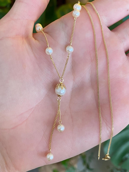 Vintage Solid 14k Yellow Gold Pearl Tight Curb Chain Lariat Necklace - 16.5 inches