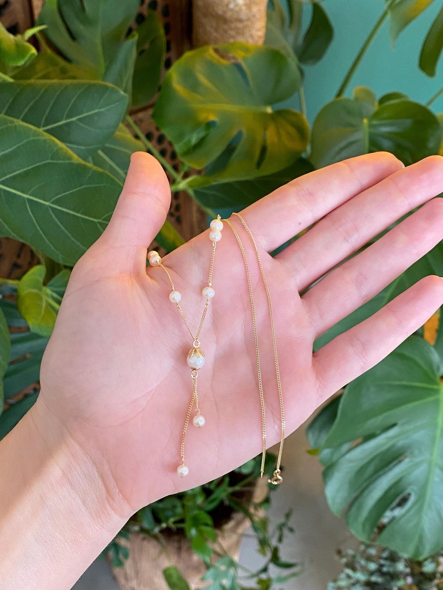 Vintage Solid 14k Yellow Gold Pearl Tight Curb Chain Lariat Necklace - 16.5 inches