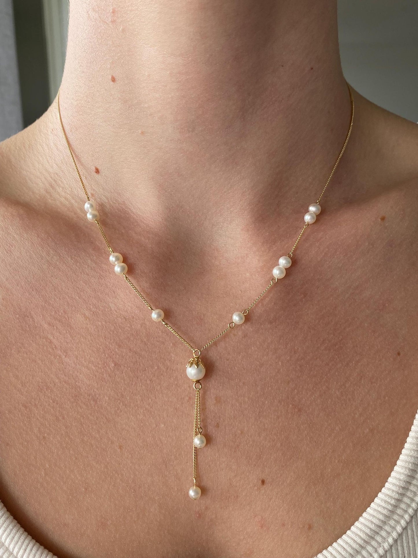 Vintage Solid 14k Yellow Gold Pearl Tight Curb Chain Lariat Necklace - 16.5 inches