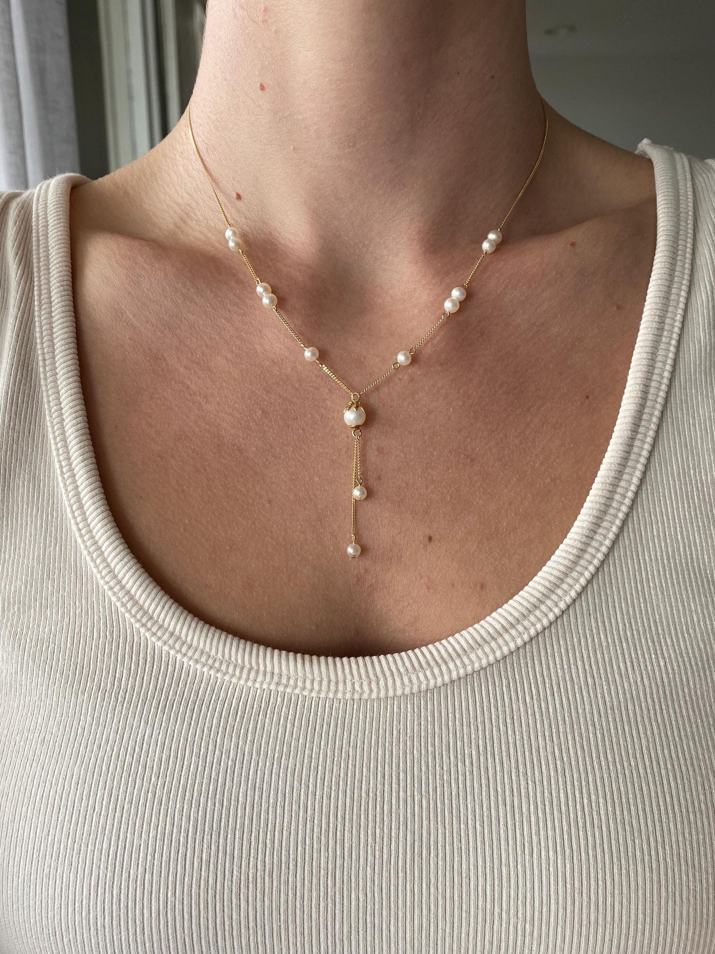 Vintage Solid 14k Yellow Gold Pearl Tight Curb Chain Lariat Necklace - 16.5 inches