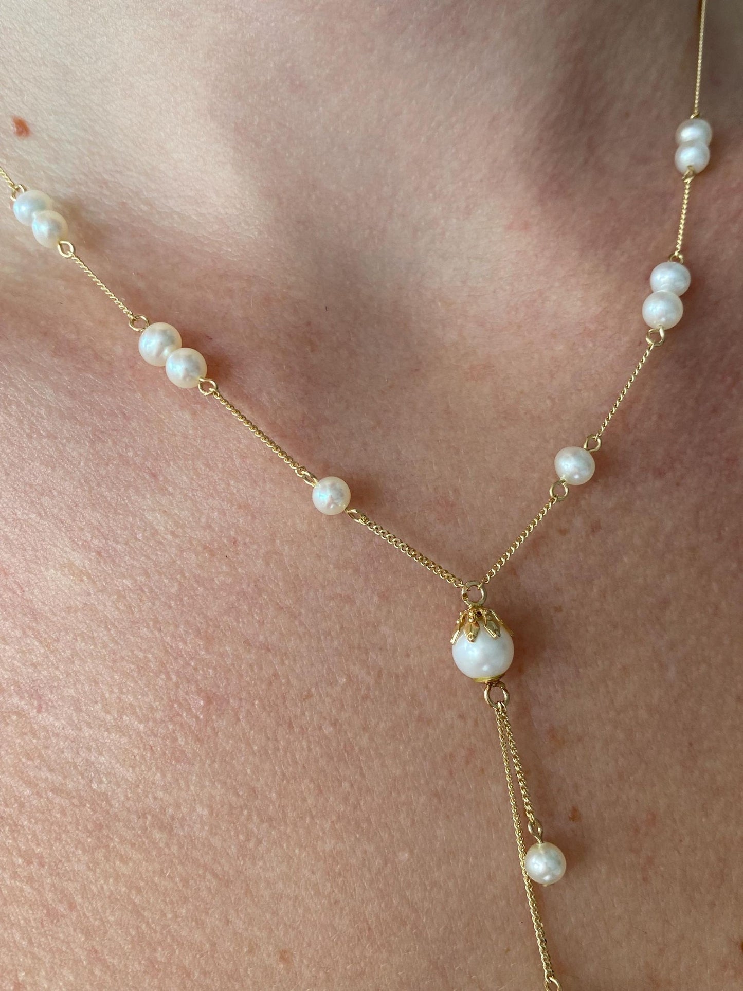 Vintage Solid 14k Yellow Gold Pearl Tight Curb Chain Lariat Necklace - 16.5 inches