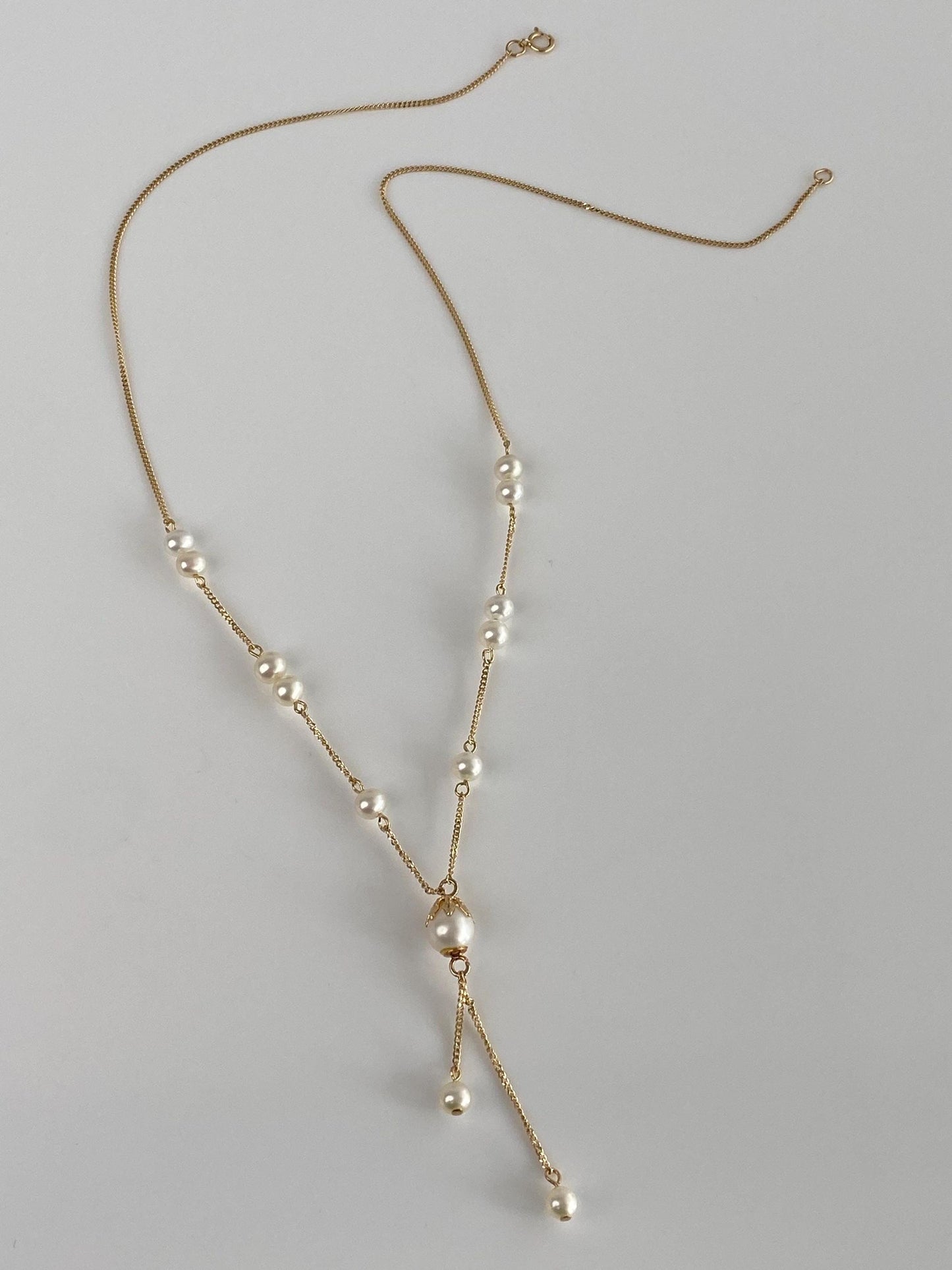 Vintage Solid 14k Yellow Gold Pearl Tight Curb Chain Lariat Necklace - 16.5 inches