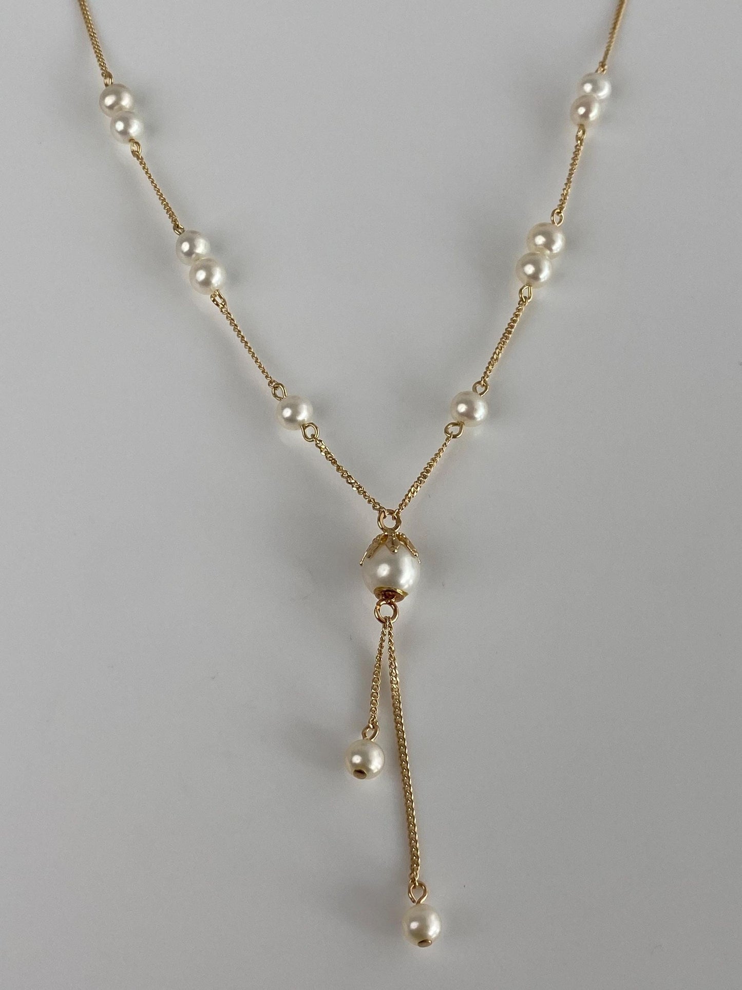 Vintage Solid 14k Yellow Gold Pearl Tight Curb Chain Lariat Necklace - 16.5 inches