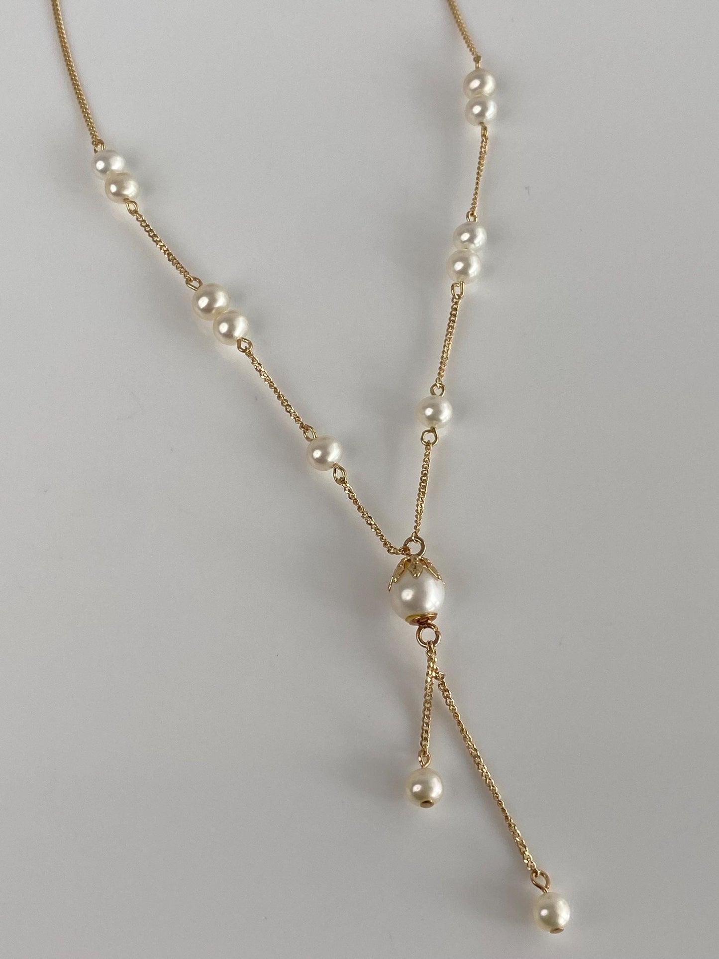 Vintage Solid 14k Yellow Gold Pearl Tight Curb Chain Lariat Necklace - 16.5 inches