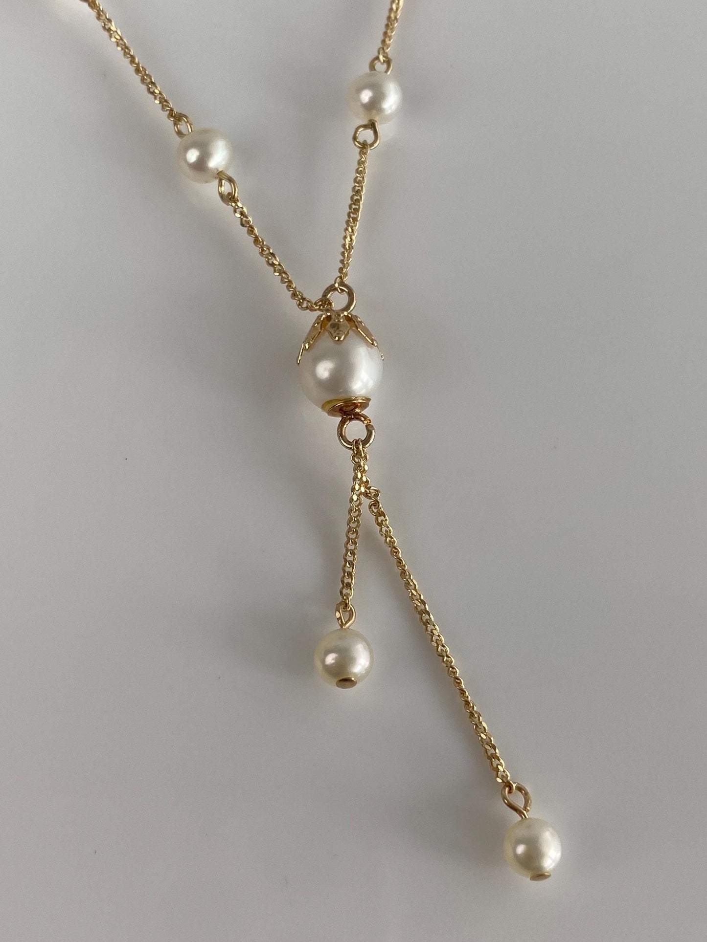 Vintage Solid 14k Yellow Gold Pearl Tight Curb Chain Lariat Necklace - 16.5 inches