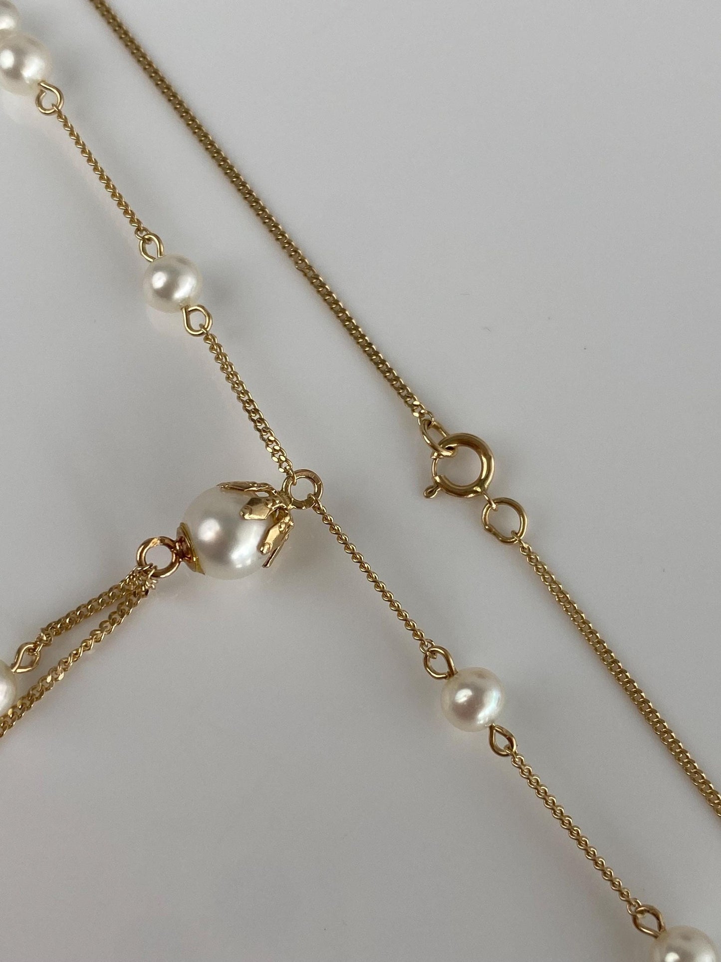 Vintage Solid 14k Yellow Gold Pearl Tight Curb Chain Lariat Necklace - 16.5 inches
