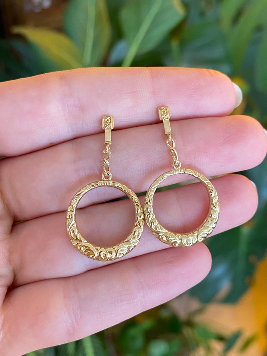 Vintage 14k Yellow Gold Textured Hoop Dangle Stud Earrings