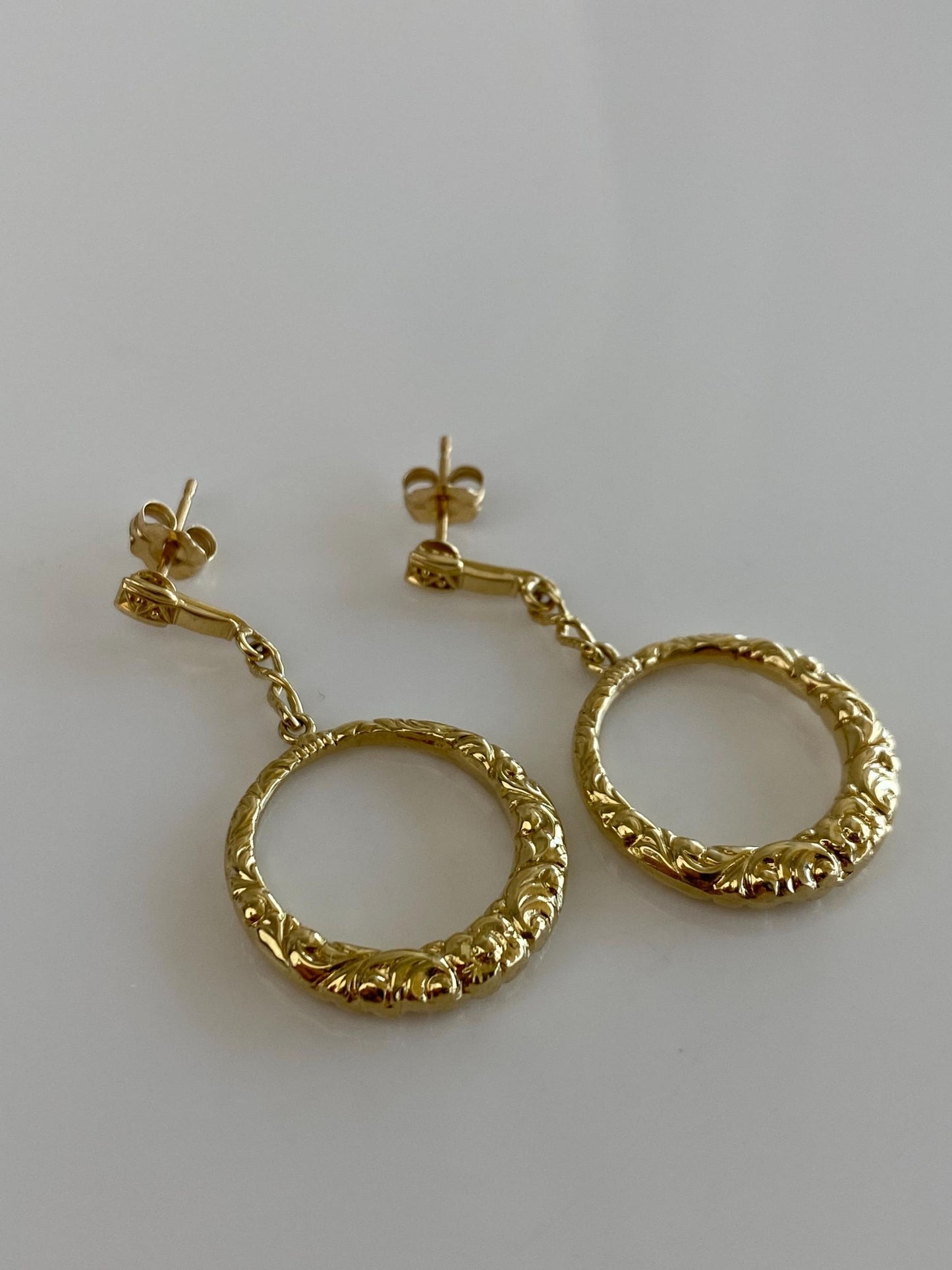 Vintage 14k Yellow Gold Textured Hoop Dangle Stud Earrings