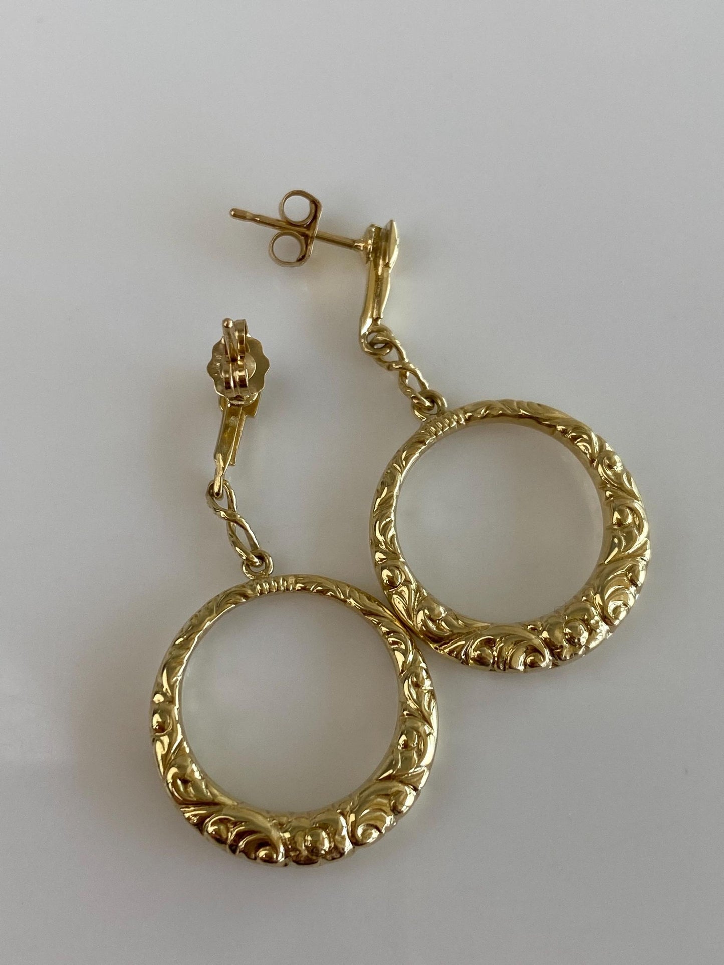 Vintage 14k Yellow Gold Textured Hoop Dangle Stud Earrings