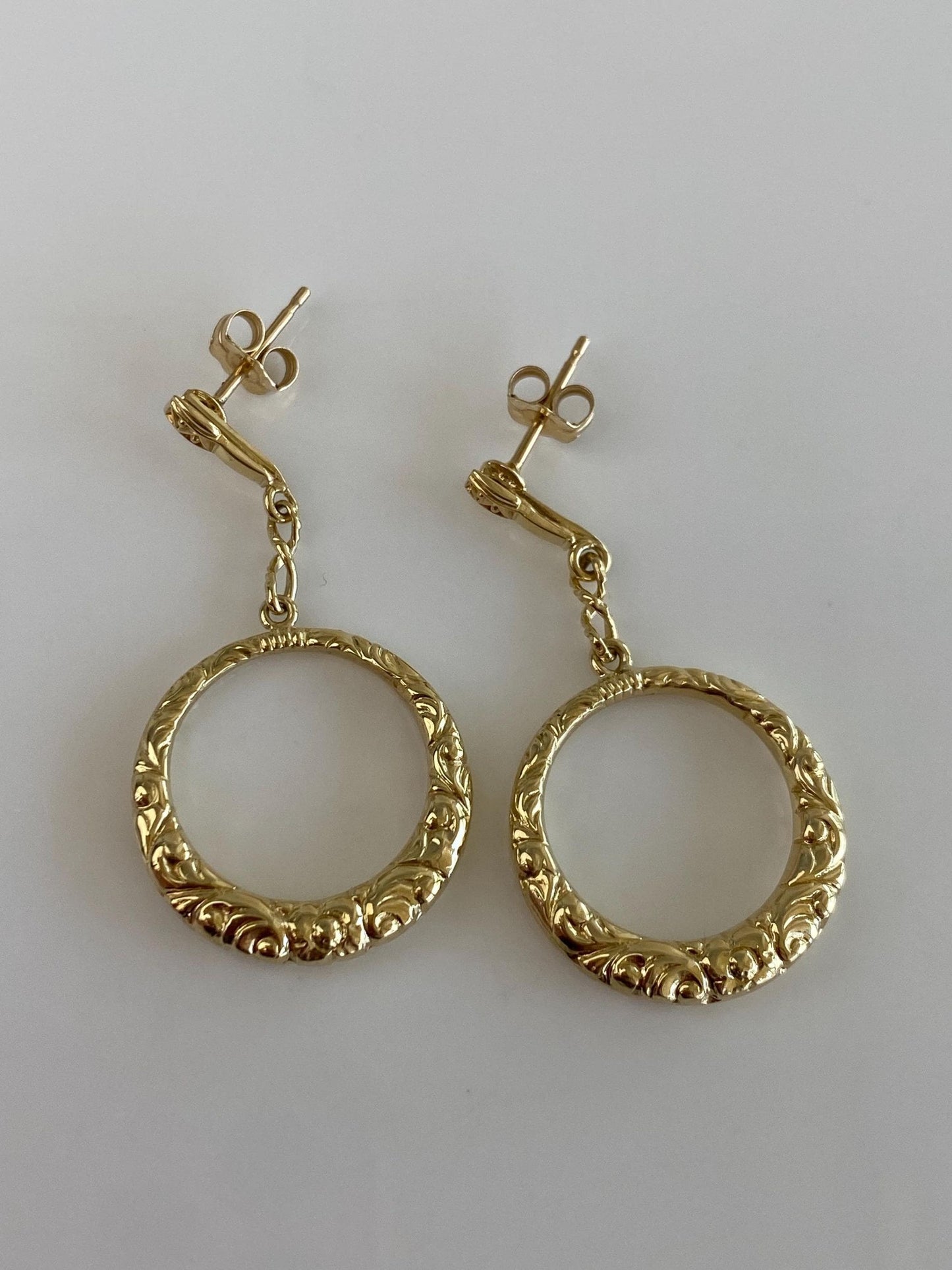 Vintage 14k Yellow Gold Textured Hoop Dangle Stud Earrings