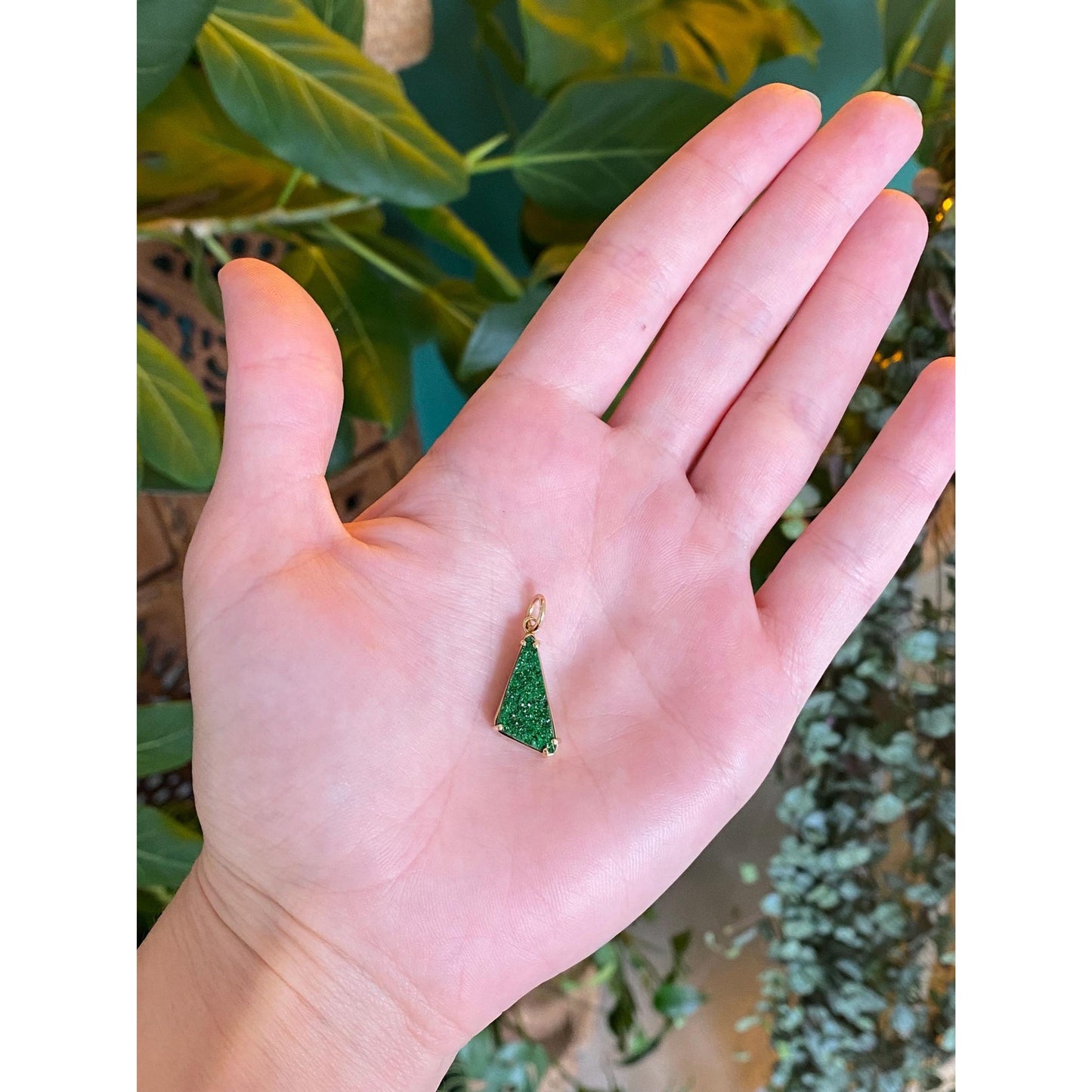 Vintage Solid 14k Yellow Gold Green Druzy Charm